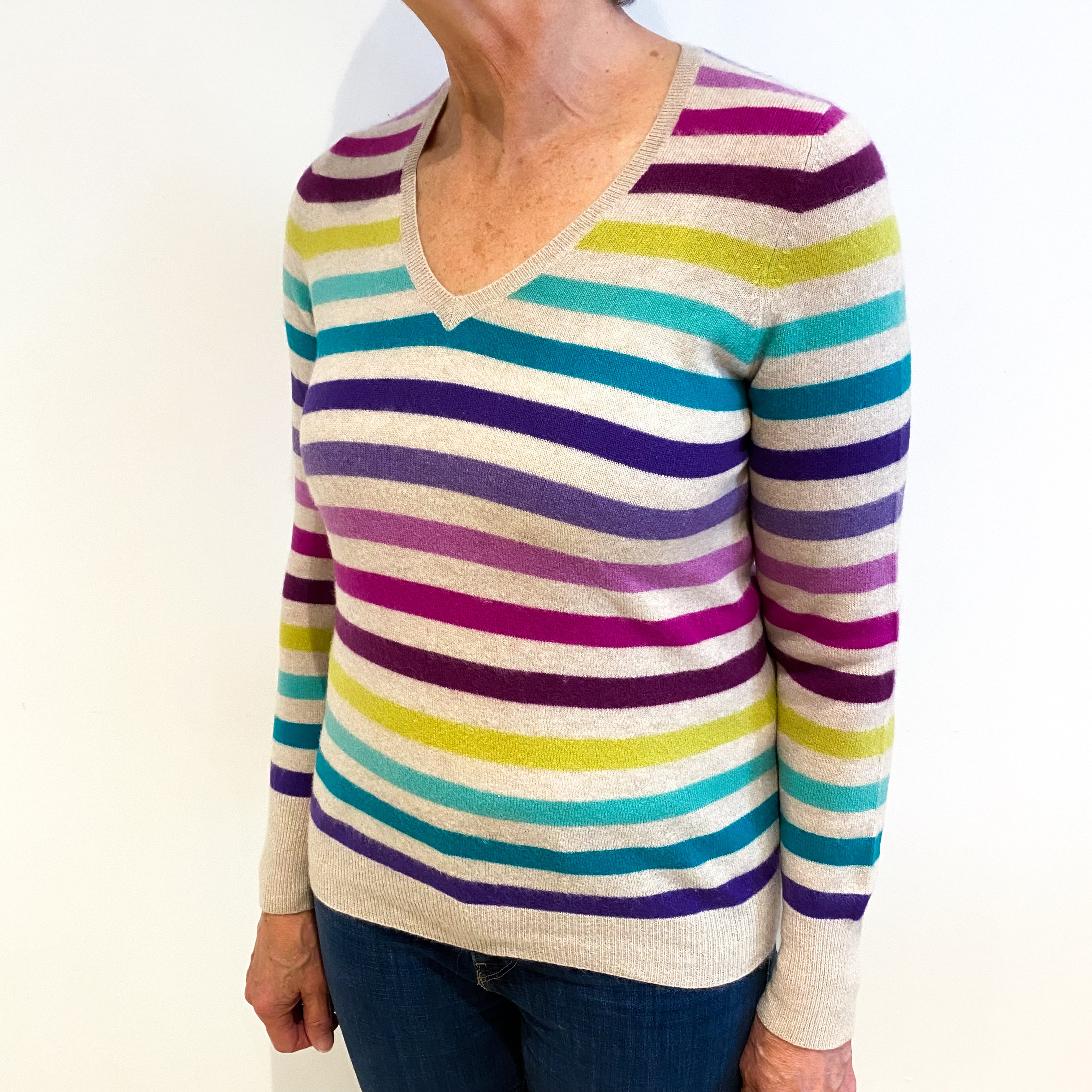 Fawn Beige Multicolour Stripes Cashmere V Neck Jumper Medium