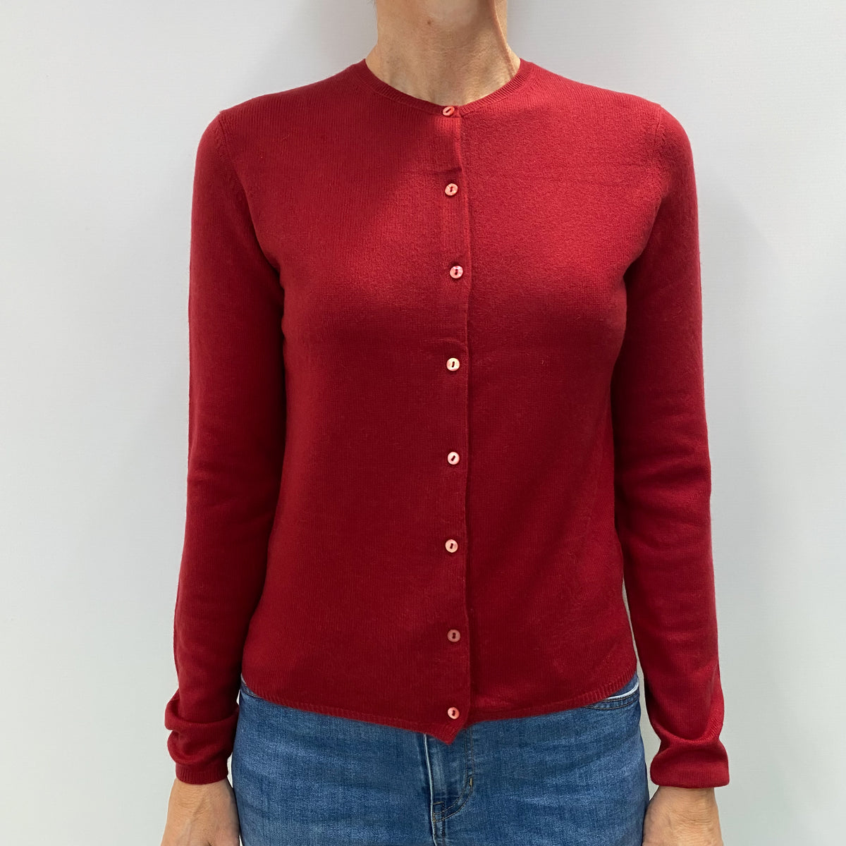Crimson Red Cashmere Crew Neck Cardigan Small
