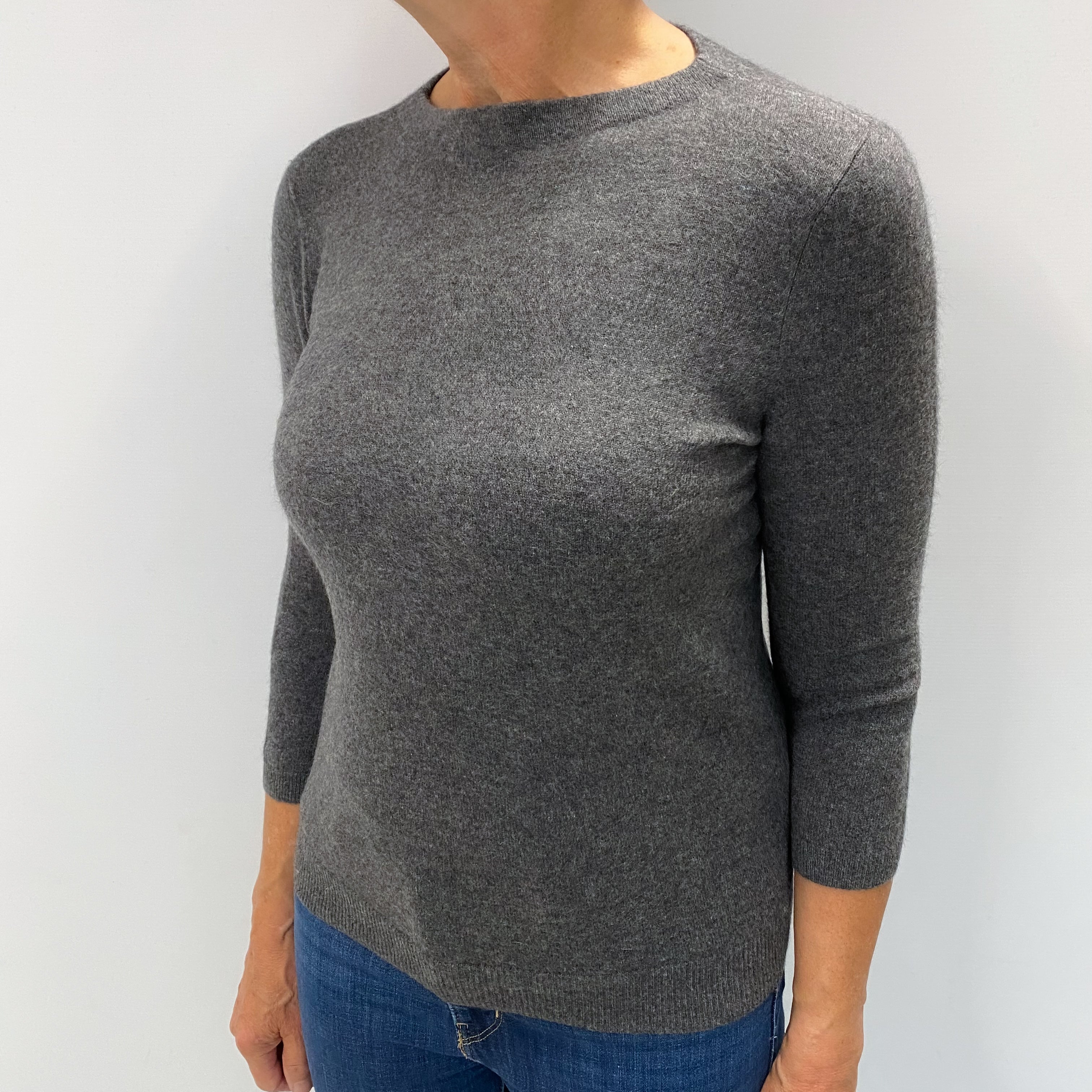 Slate Grey Cashmere 3/4 Sleeve Crew Neck Jumper Medium