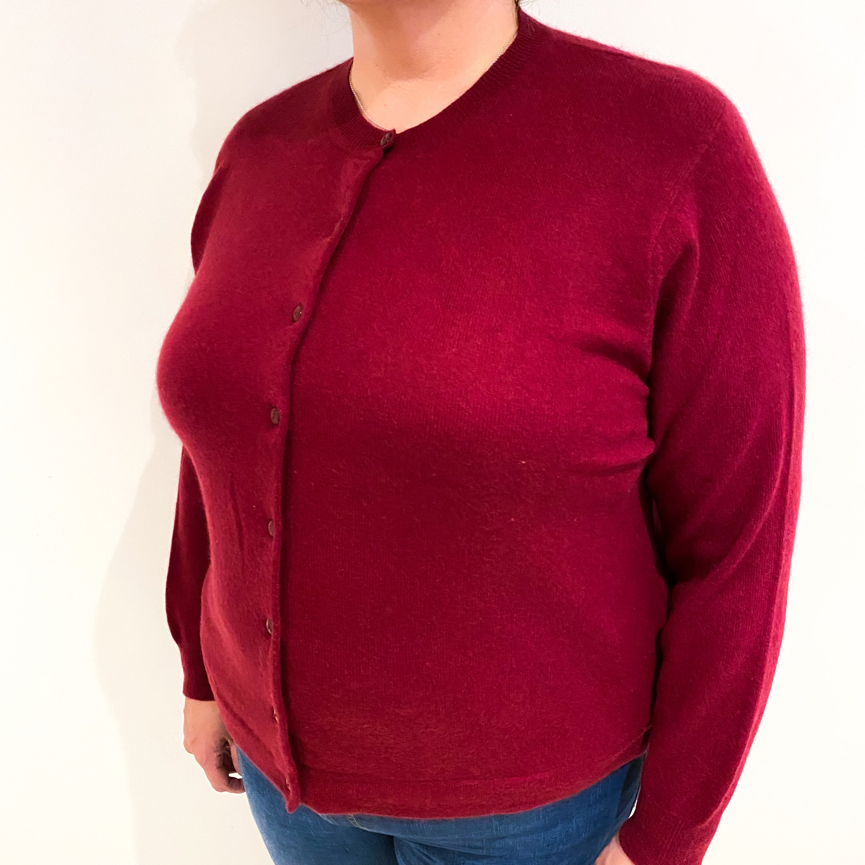 Garnet Red Cashmere Crew Neck Cardigan Extra Large