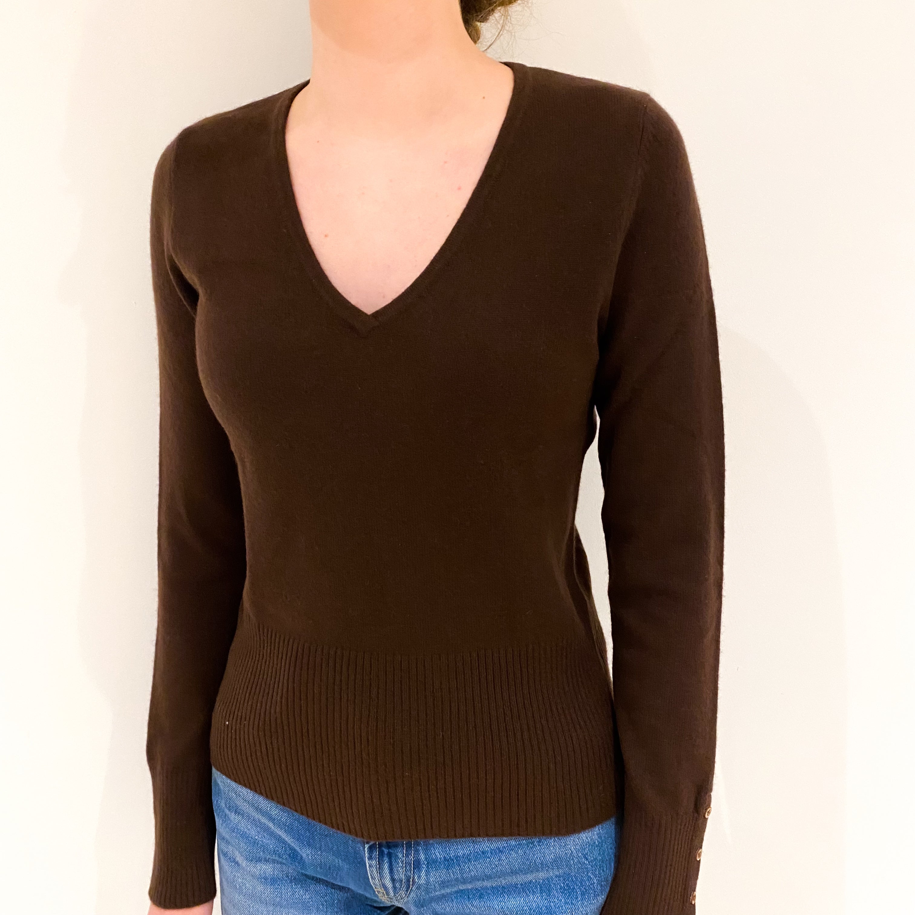 Chocolate Brown Cashmere V-Neck Jumper Extra Small
