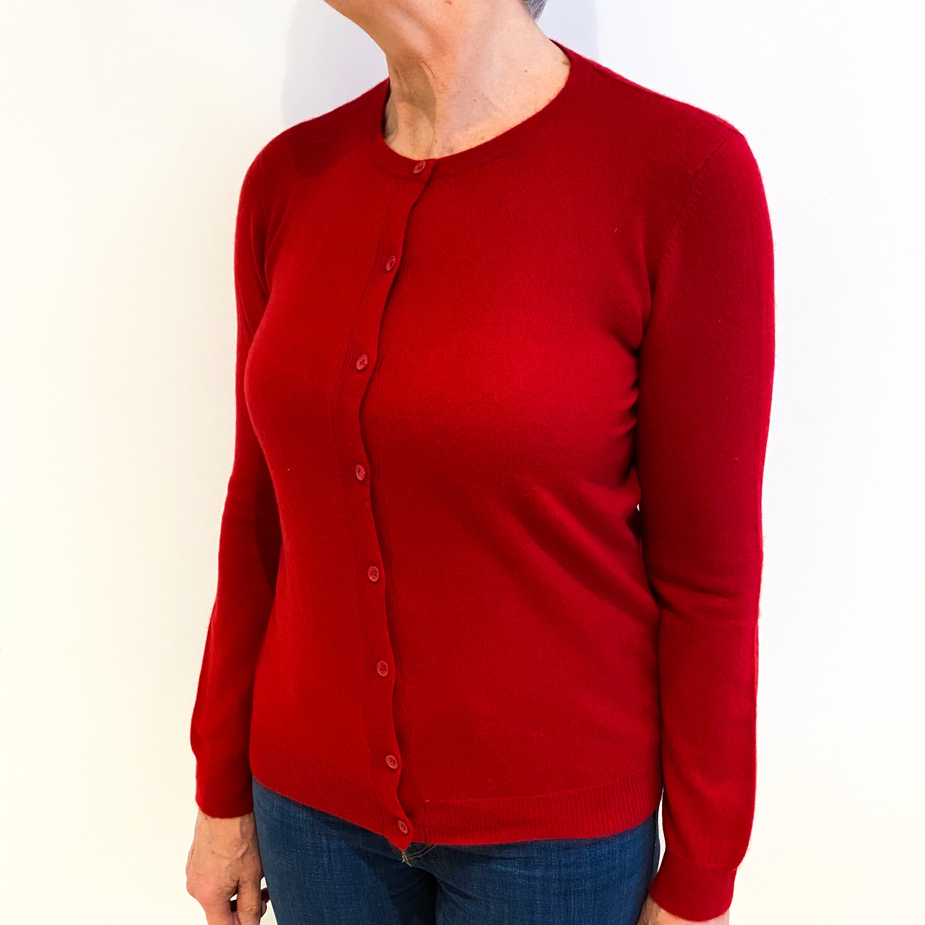 Post Box Red Cashmere Crew Neck Cardigan Medium