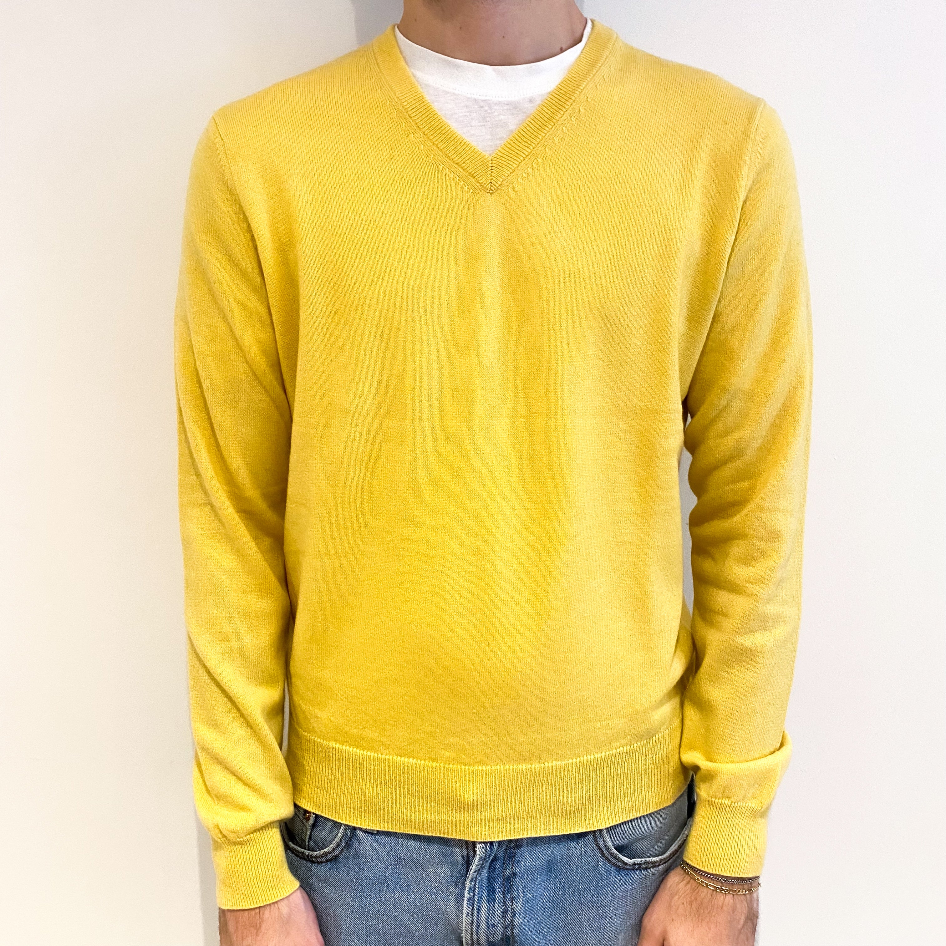 Men's Pineapple Yellow Cashmere V Neck Jumper Large