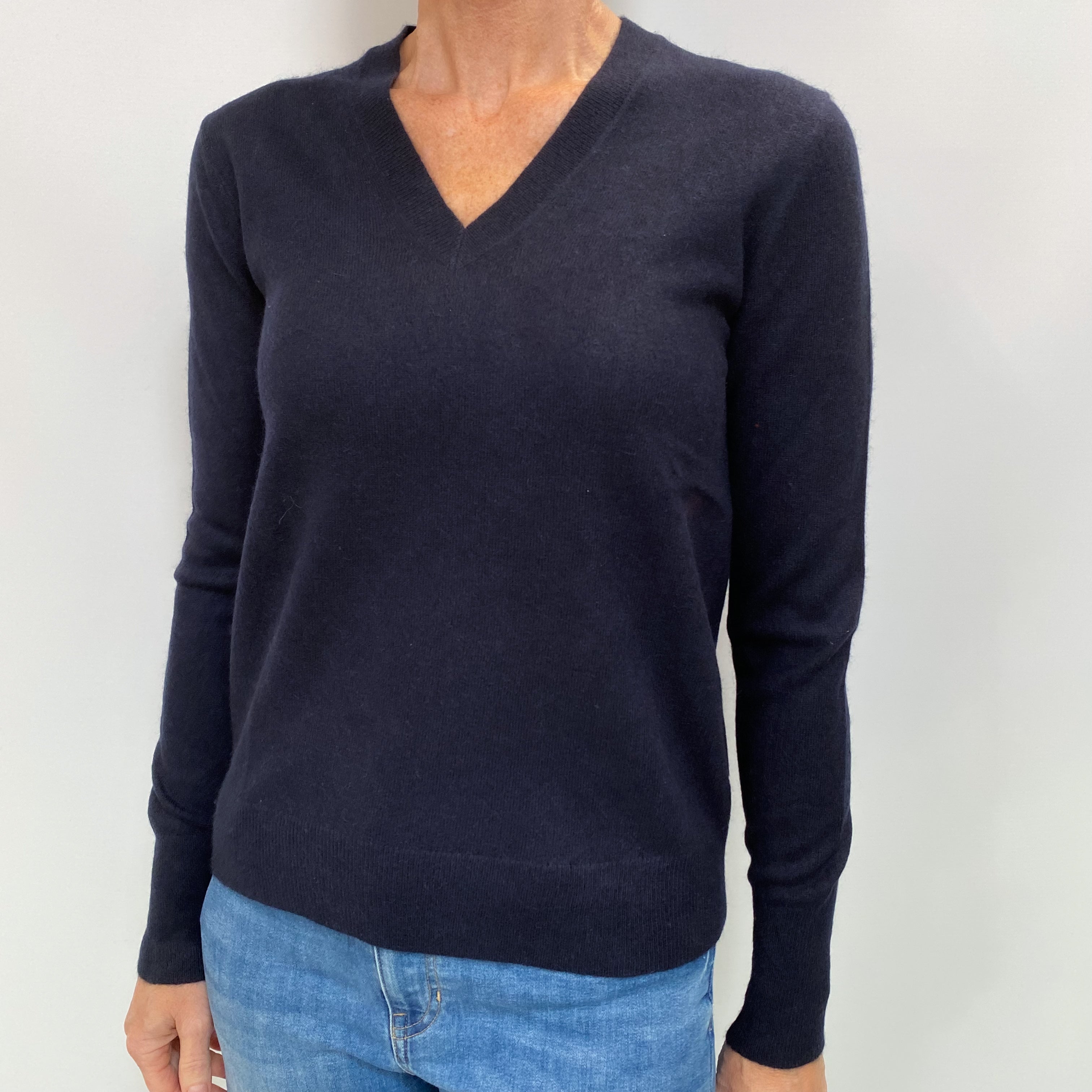 Navy Blue Cashmere V Neck Jumper Small