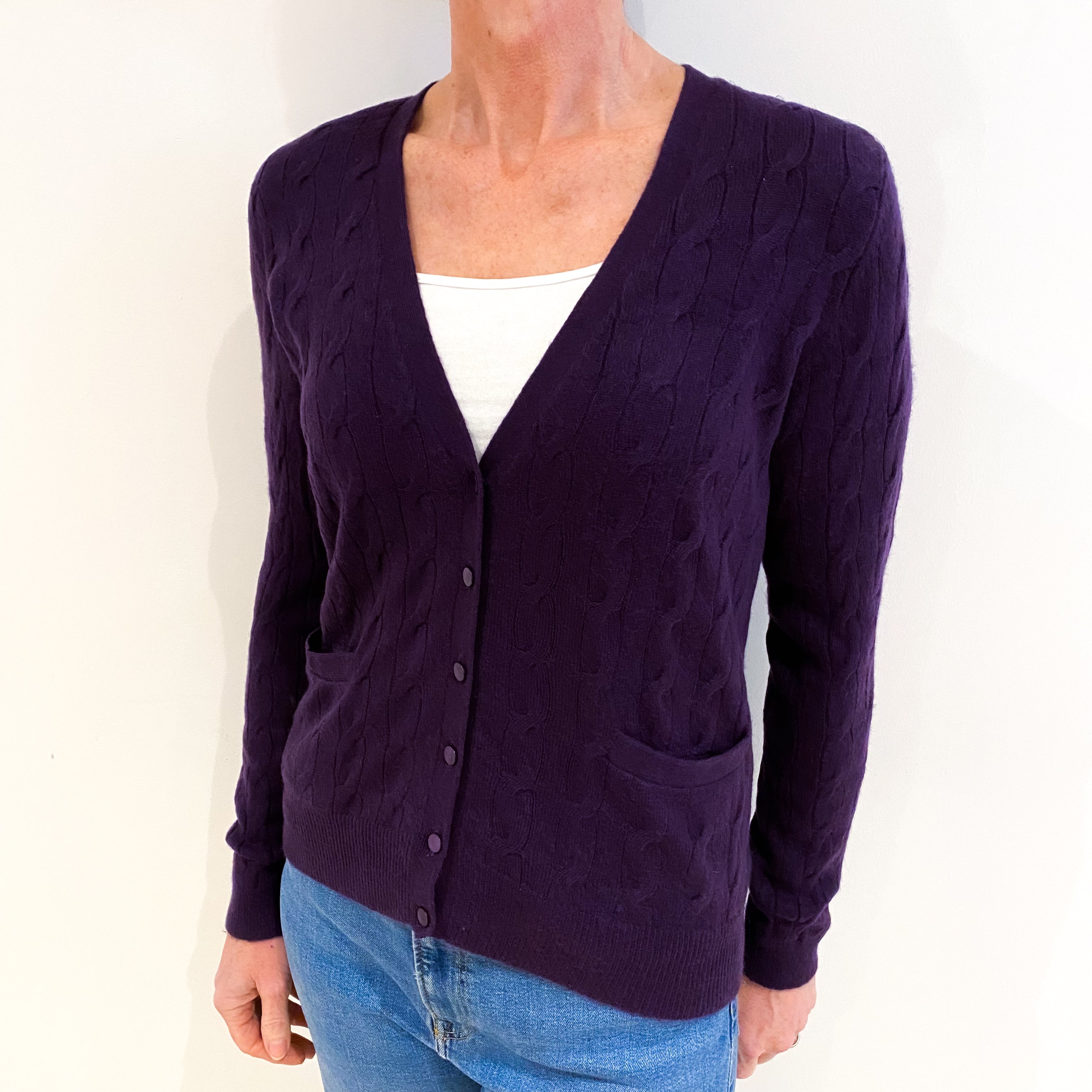 Iris Purple Cable Knit Cashmere V Neck Cardigan Small