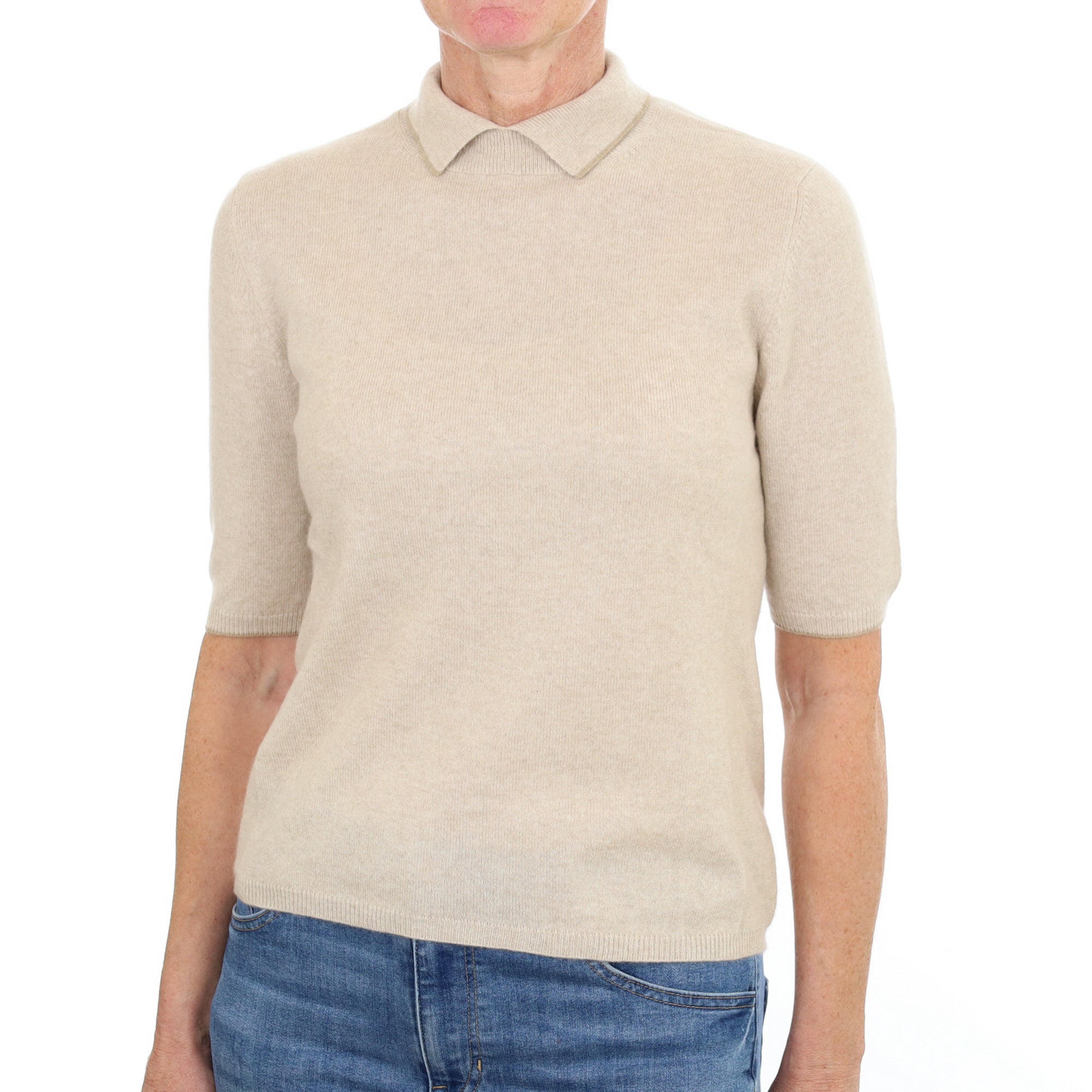Oatmeal Beige Cashmere Collared Crew Neck Short Sleeved Jumper Small