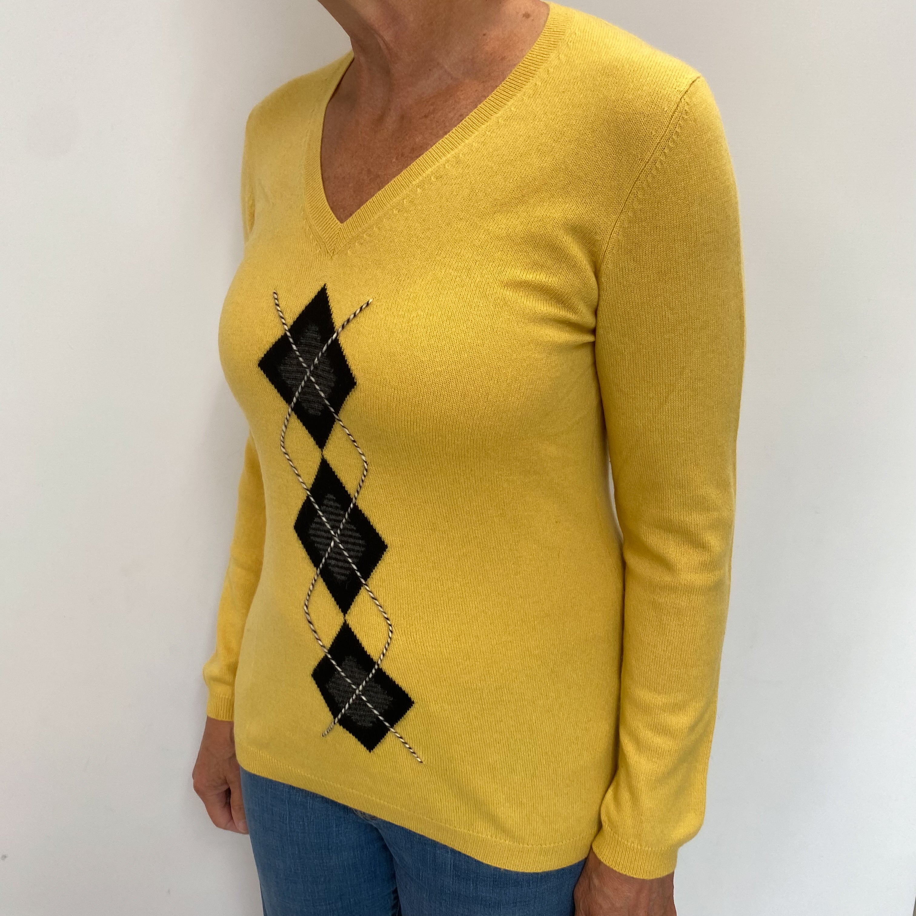 Pineapple Yellow Diamond Cashmere V Neck Jumper Medium
