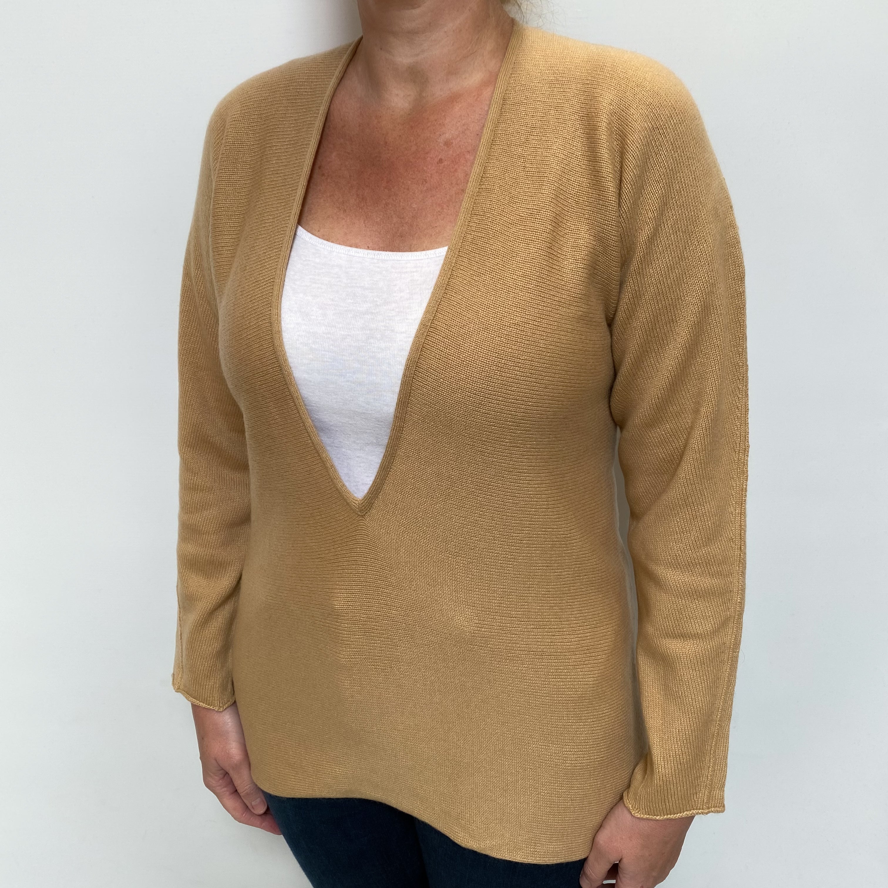 Camel Brown Cashmere Deep V Neck Jumper Large