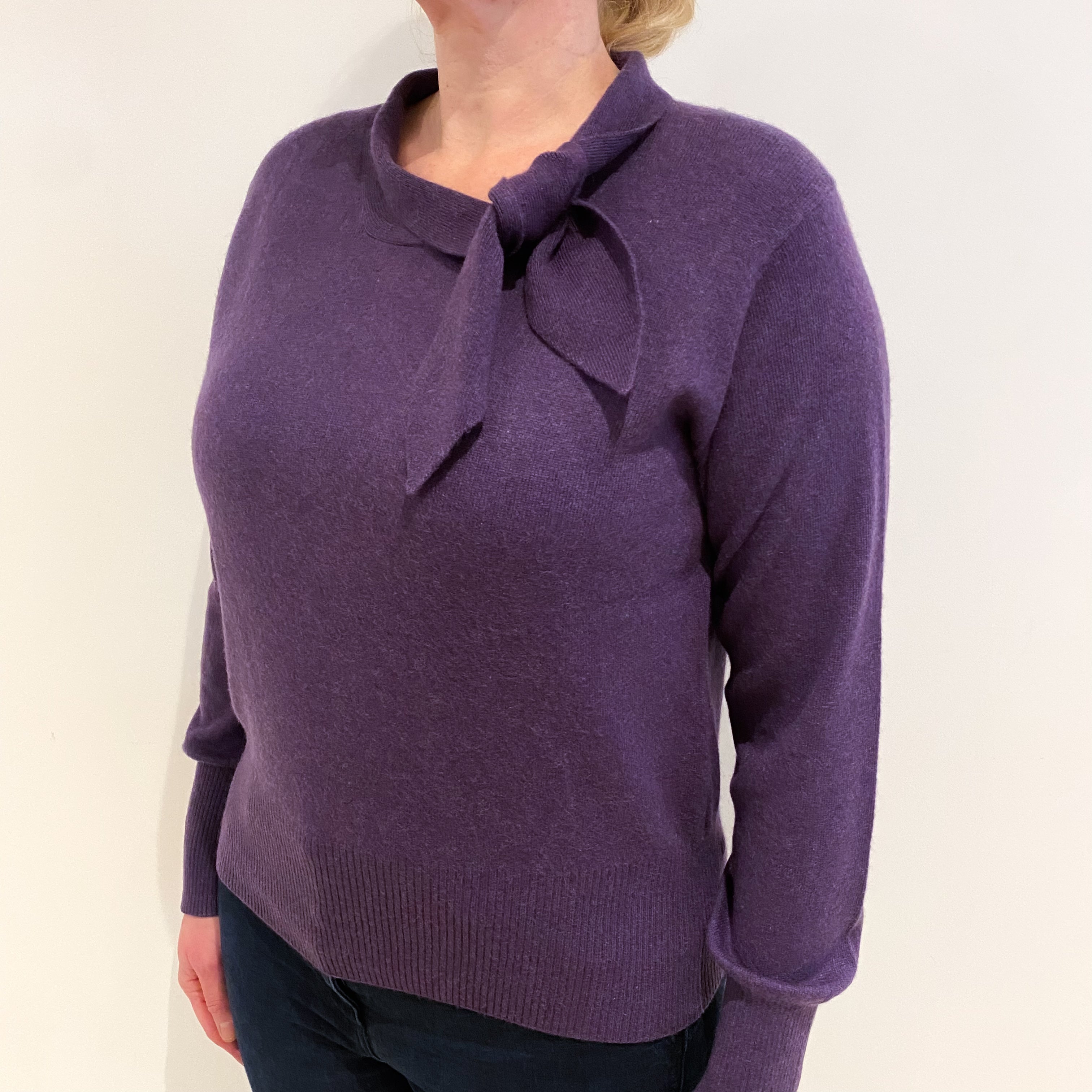 Grape Purple Cashmere Tie Neck Jumper Large