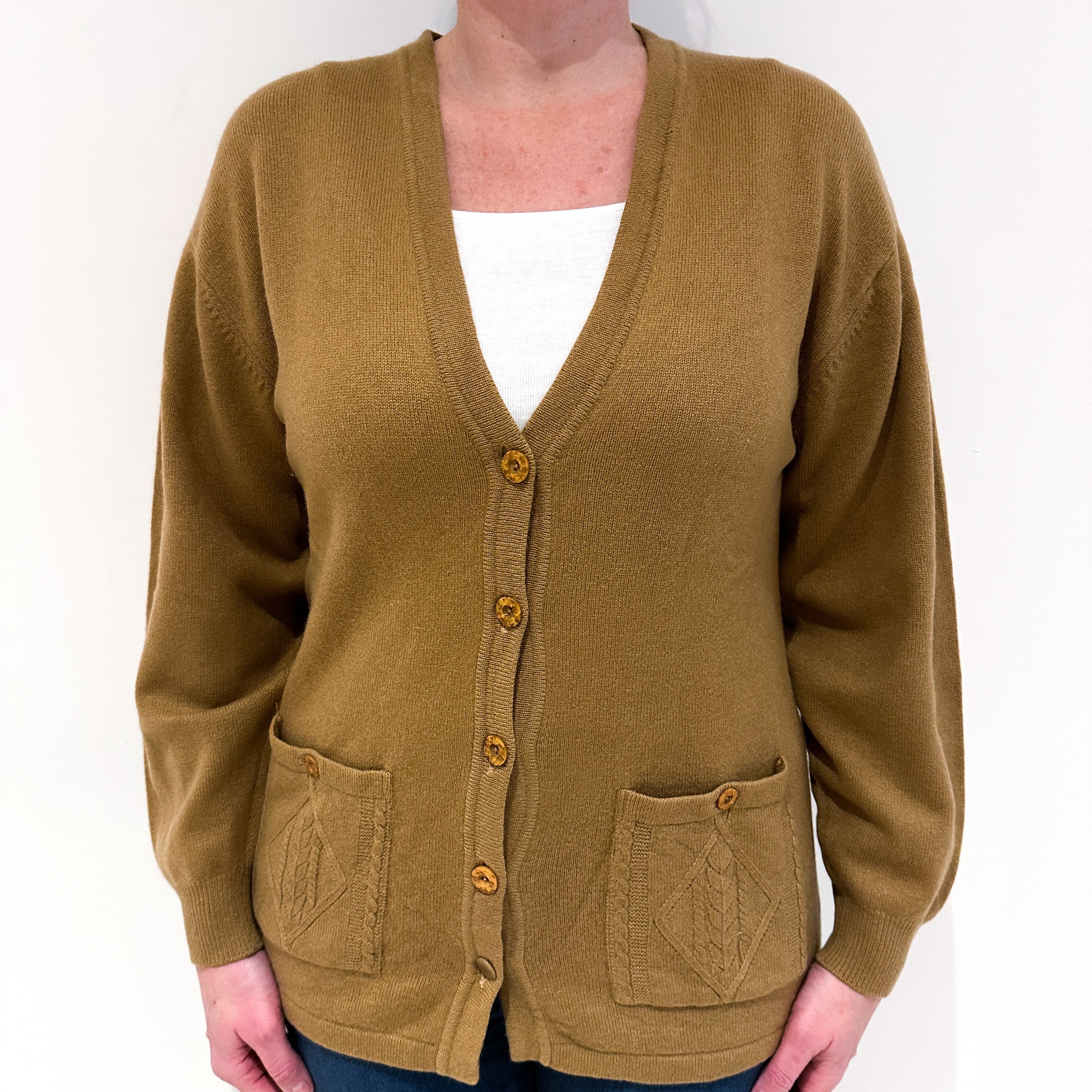 Tan Brown Cashmere V Neck Cardigan with Pockets Large
