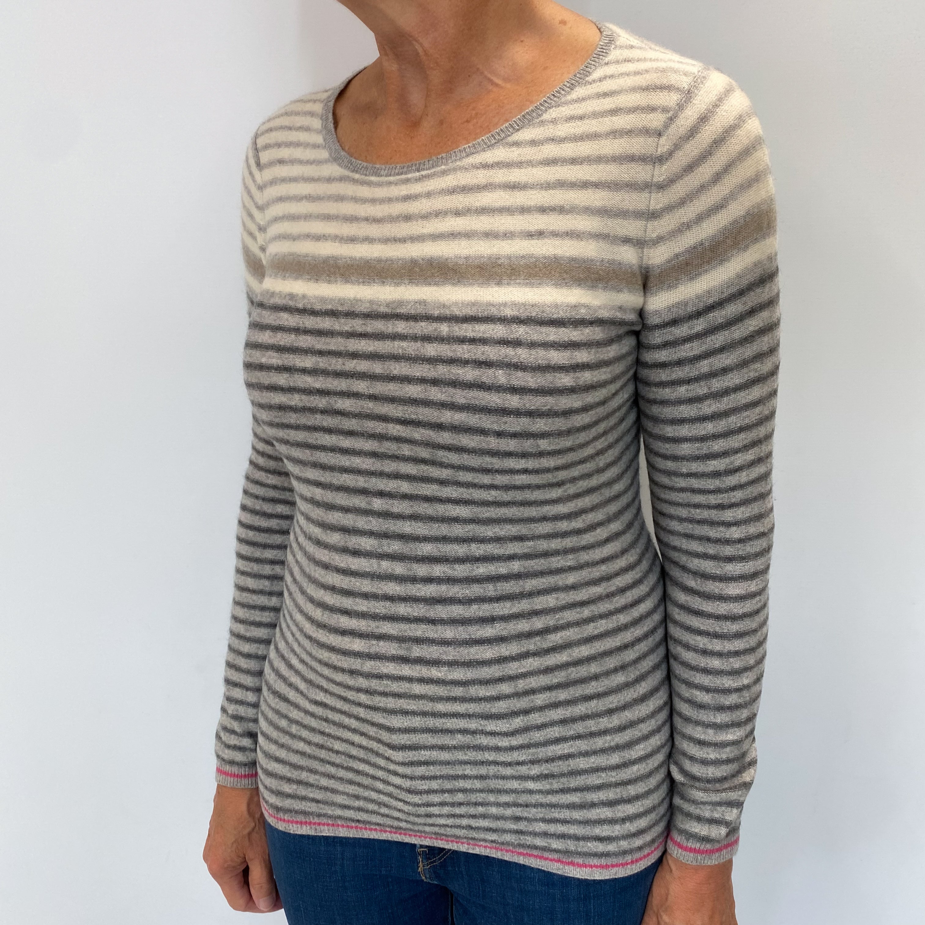 Grey and Cream Stripe Cashmere Crew Neck Jumper Medium