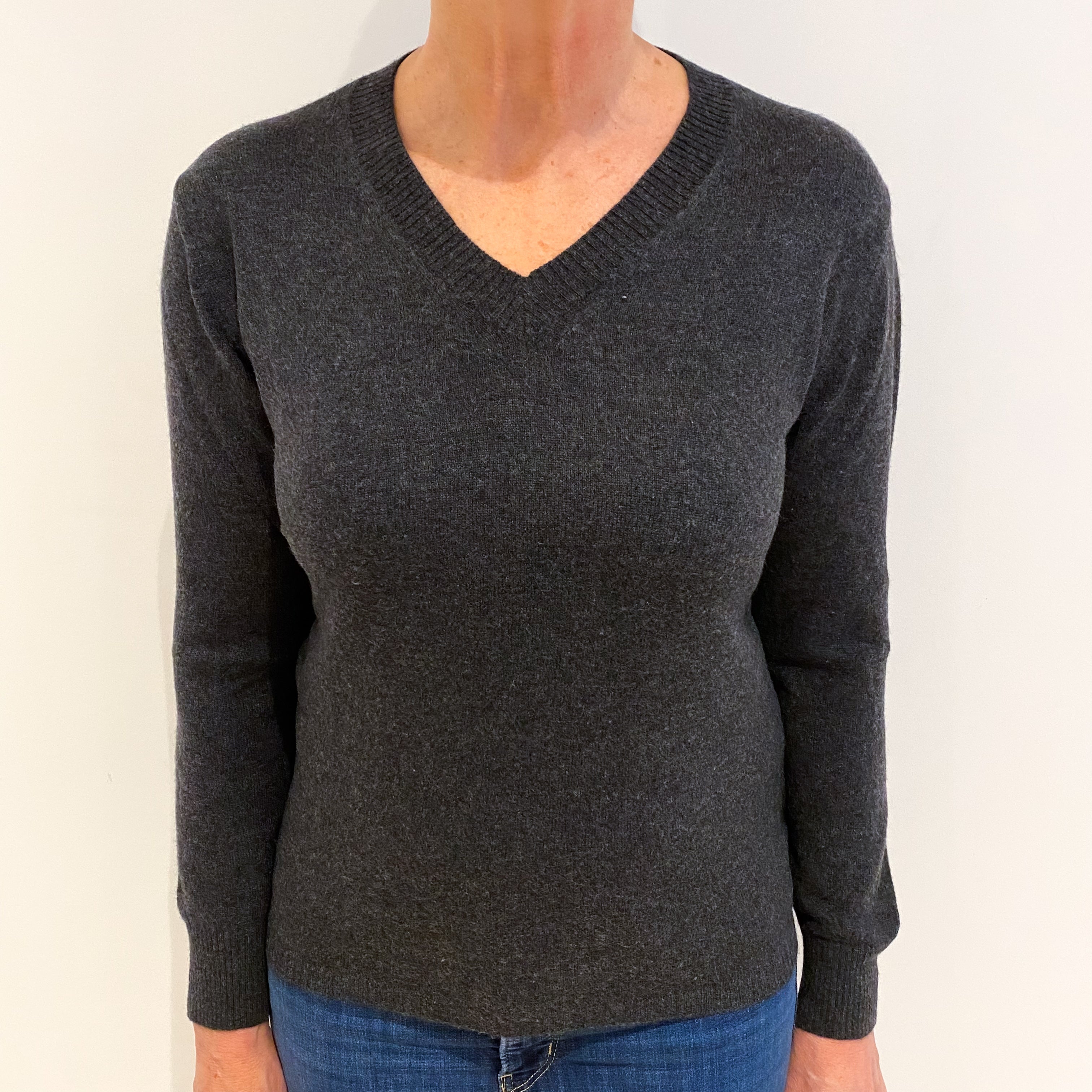 Charcoal Grey Cashmere V Neck Jumper Medium
