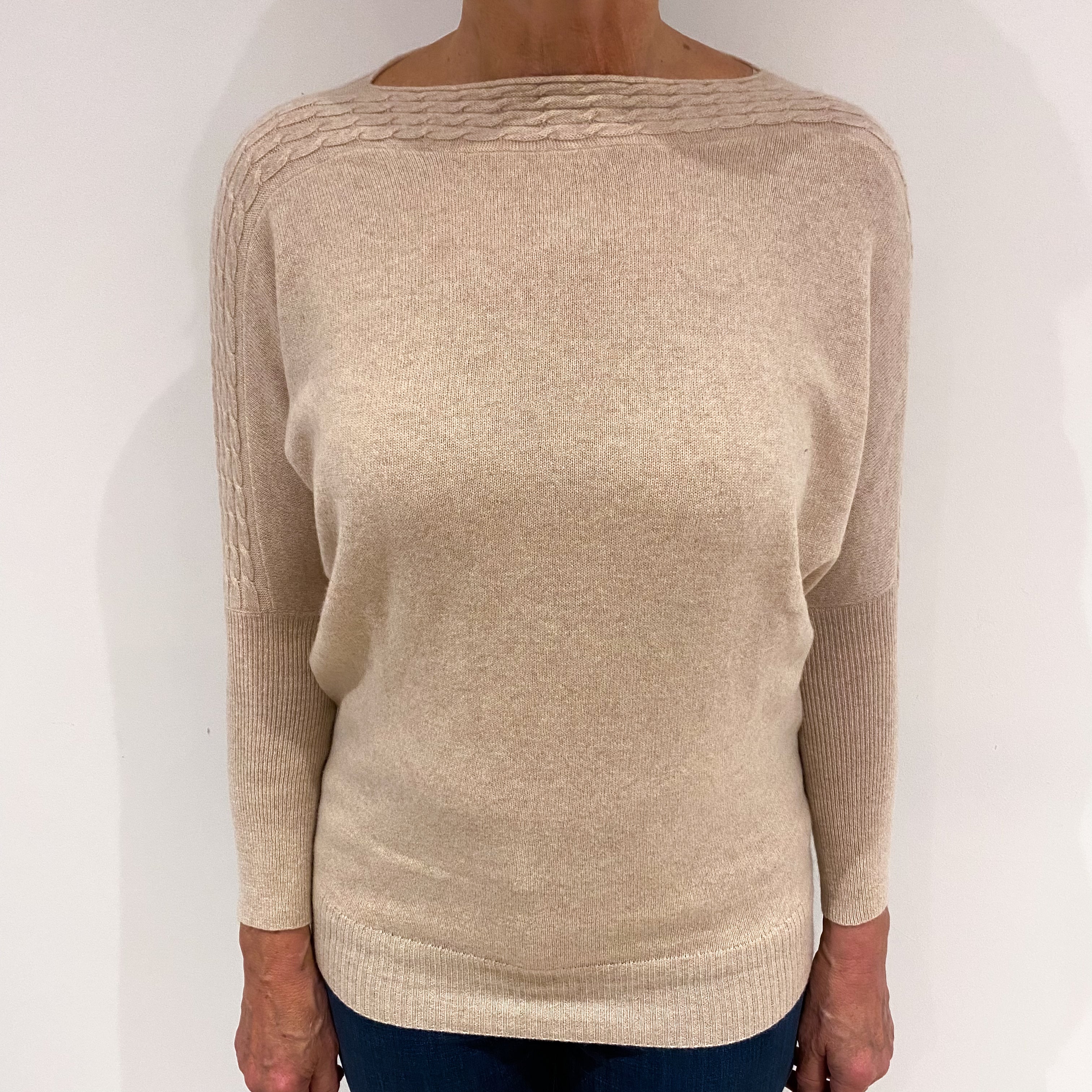 Buff Beige Cable Slash Neck Cashmere Crew Neck Jumper Medium