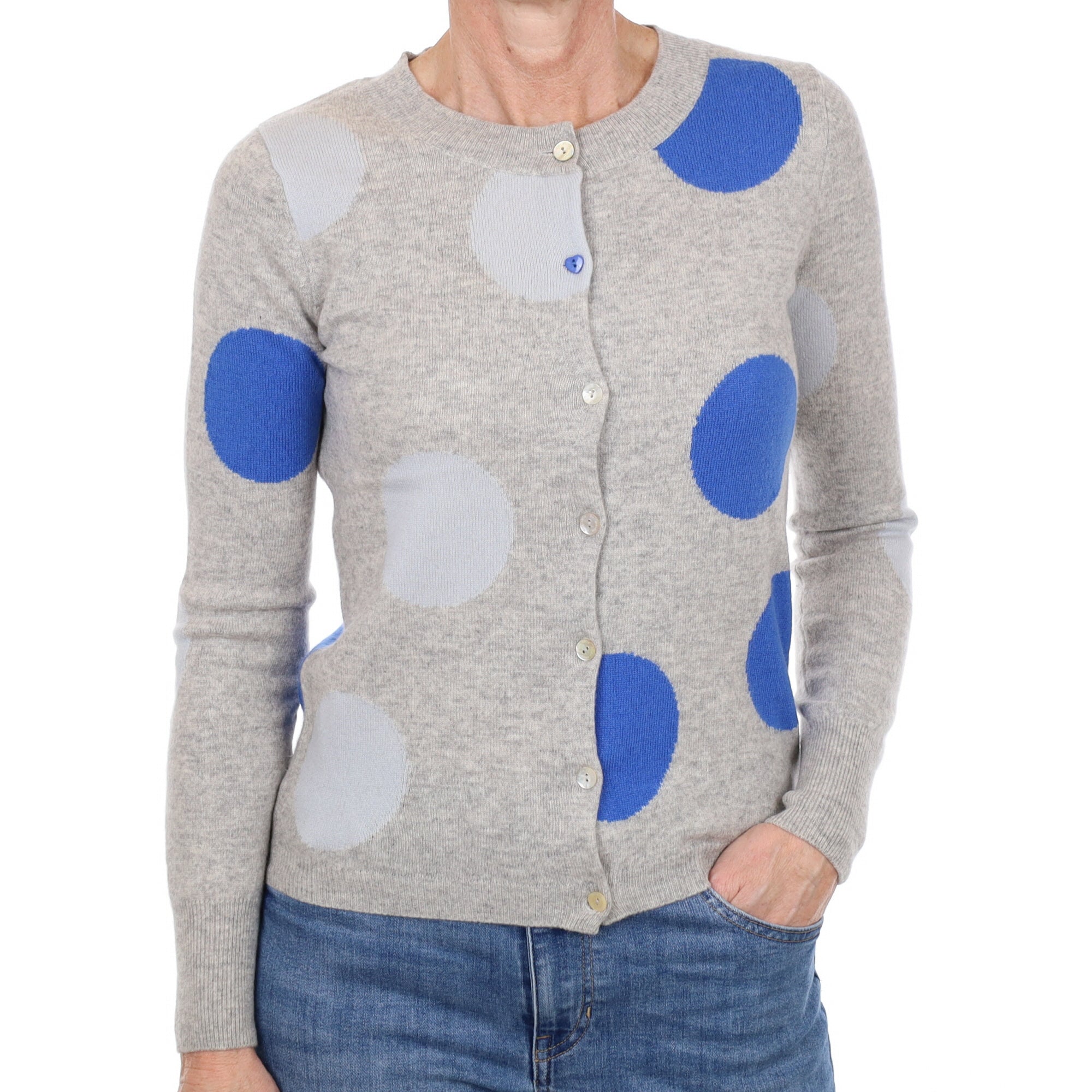 Smoke Grey Polka Dot Cashmere Crew Neck Cardigan Small