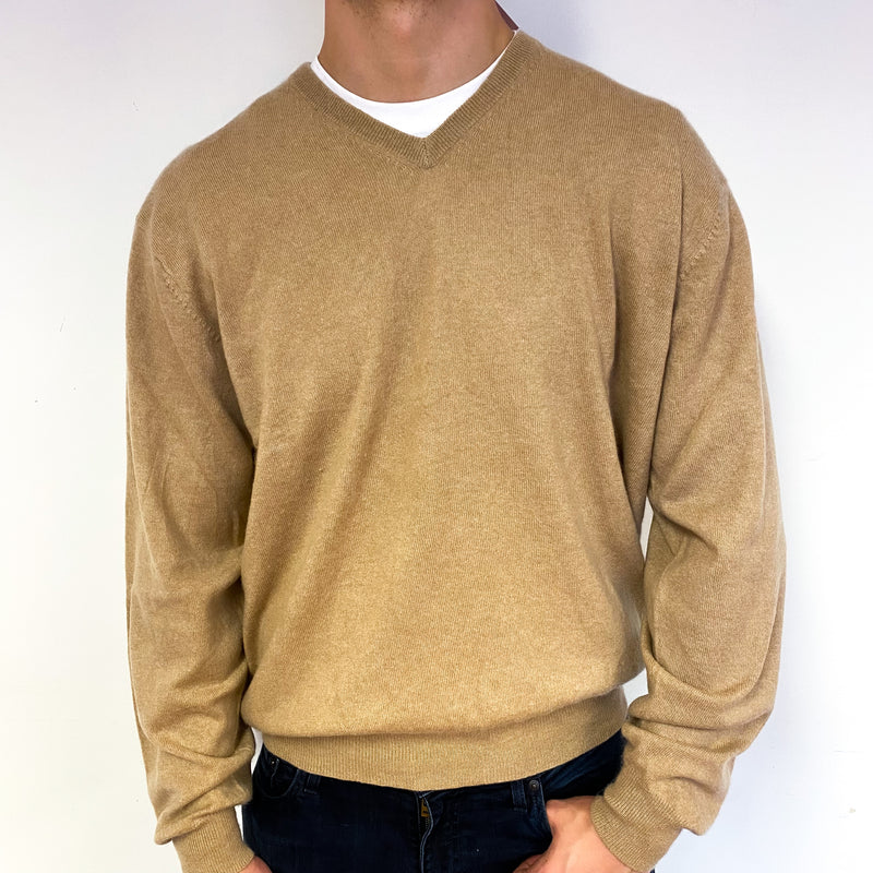 Men's Fudge Brown Cashmere V-Neck Jumper Extra Large