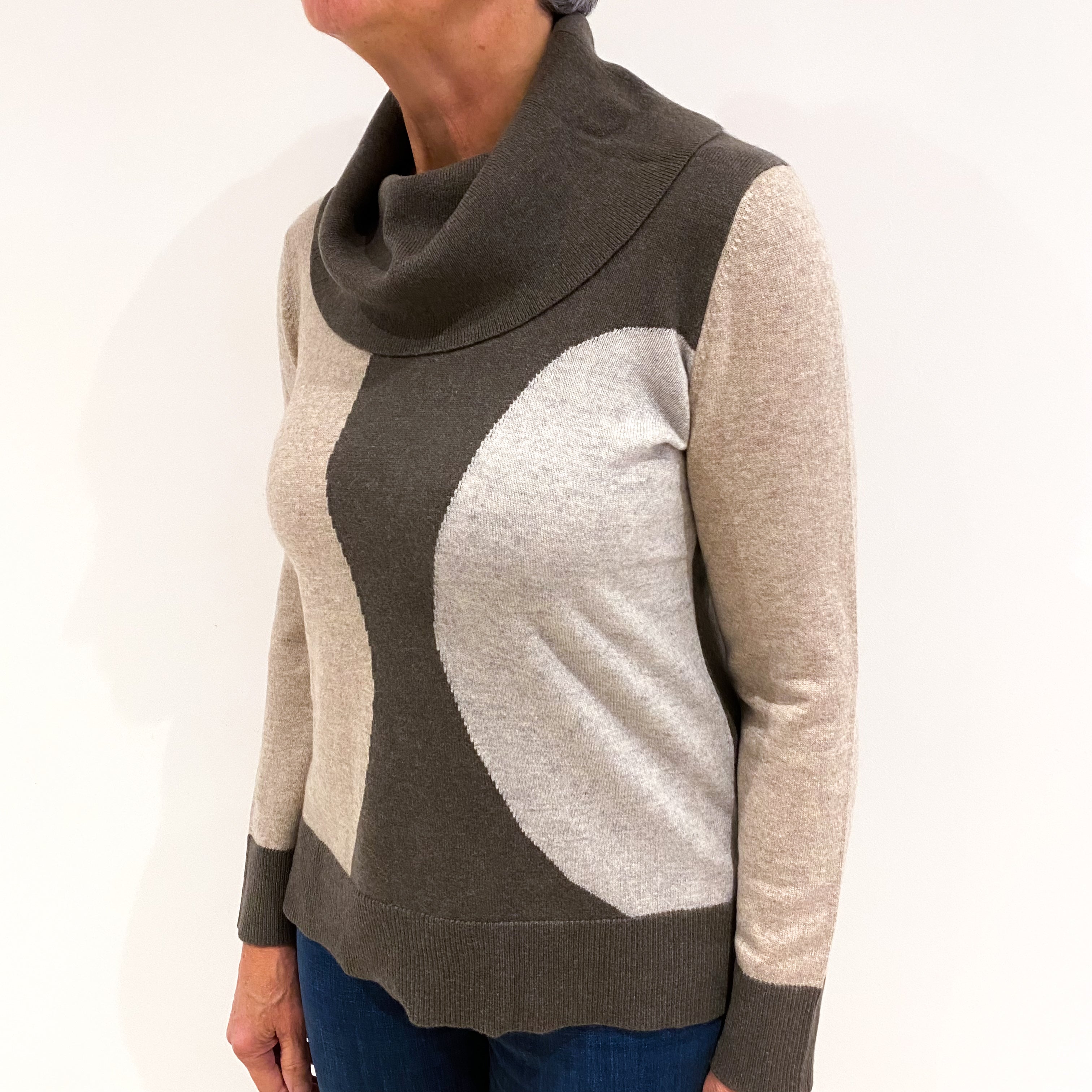Donkey Brown Grey and Beige Cashmere Cowl Neck Jumper Medium