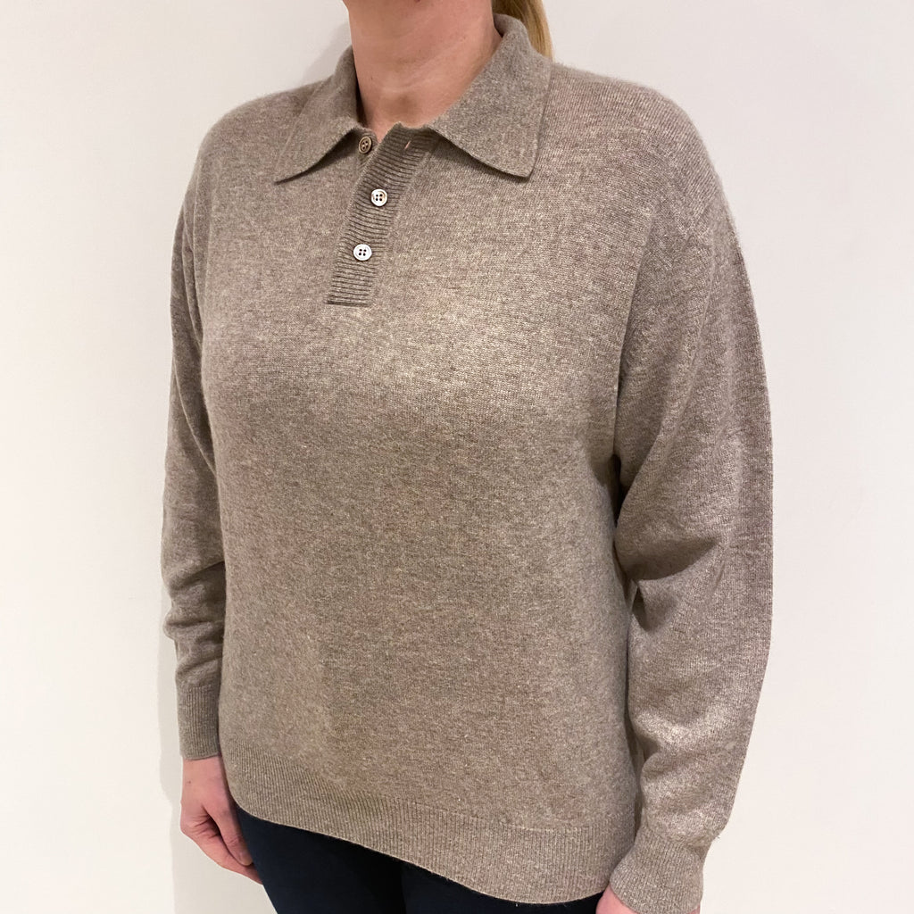 Fawn Brown Cashmere Crew Neck 1/4 Button Jumper Large