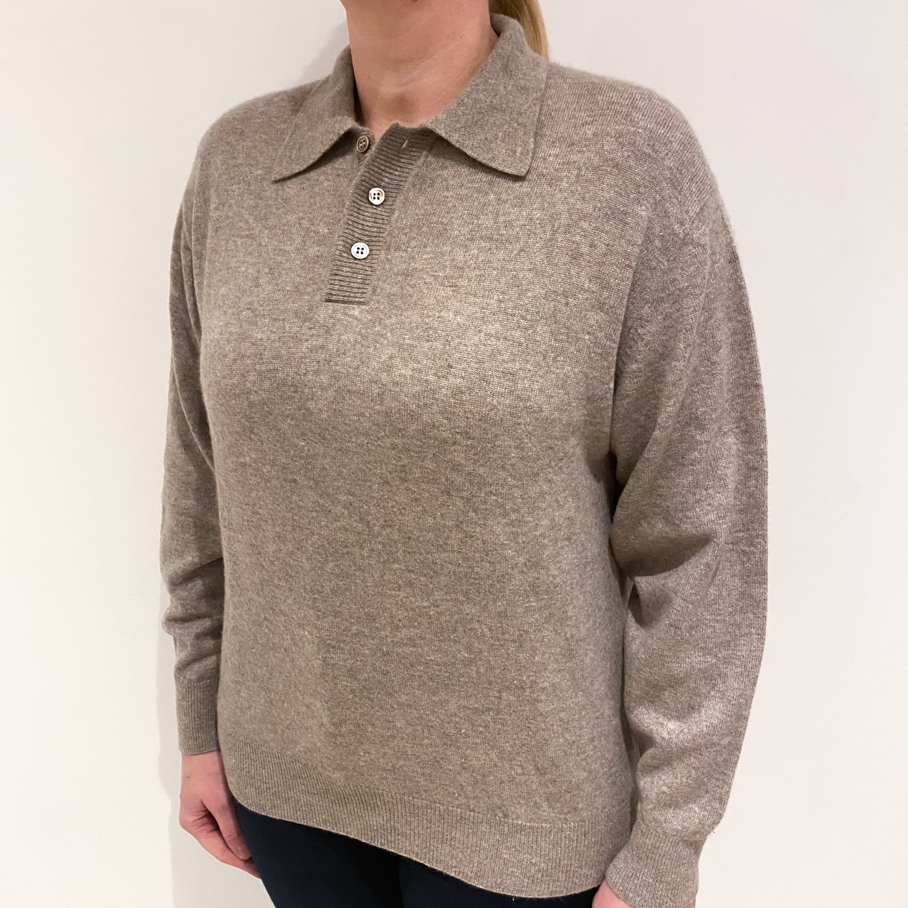 Fawn Brown Cashmere Crew Neck 1/4 Button Jumper Large