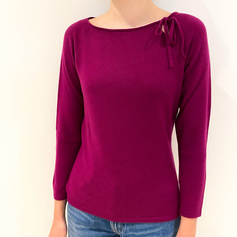 Magenta Pink Cashmere Crew Neck Jumper with Bow Detail Neckline Extra Small