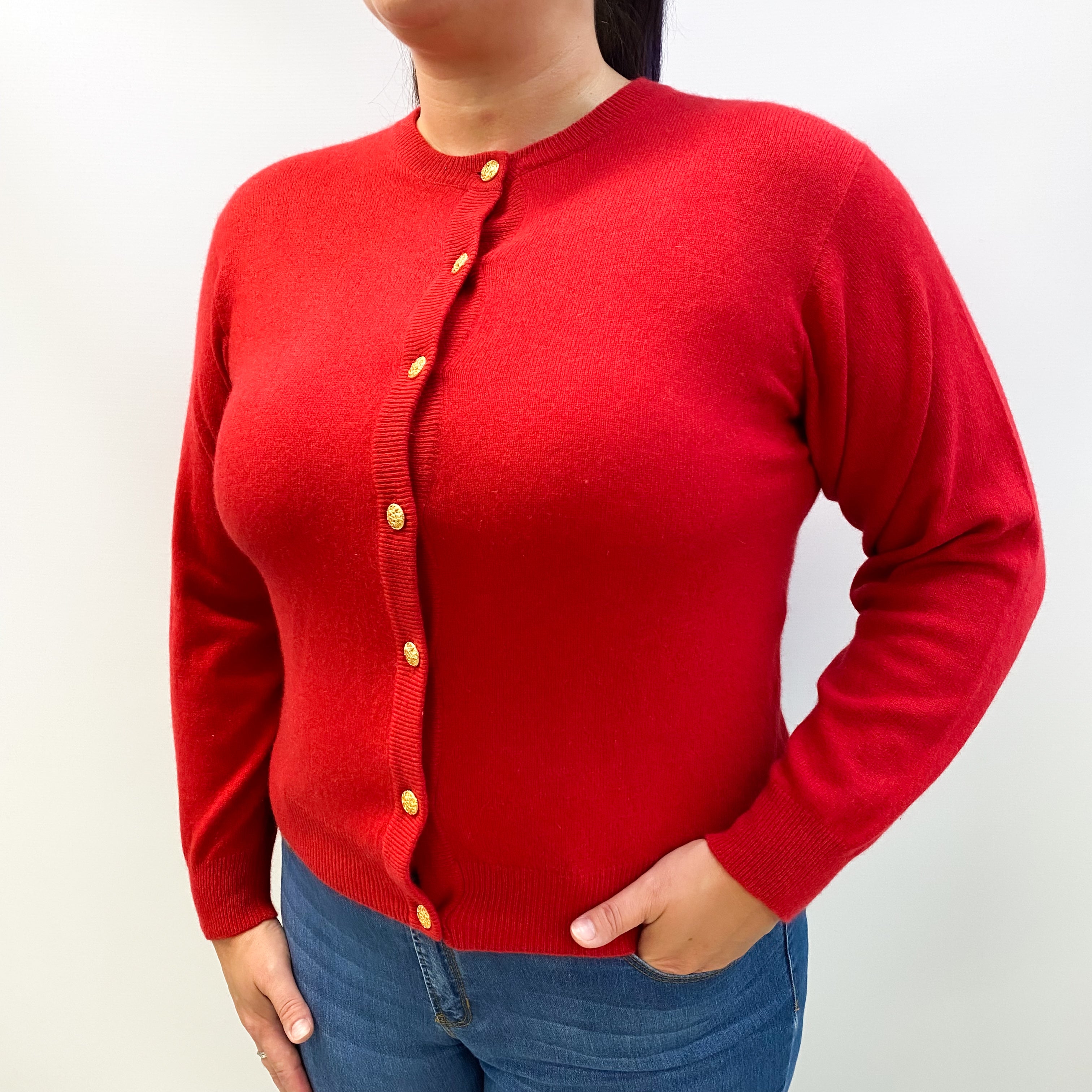Post Box Red Cashmere Crew Neck Cardigan Large