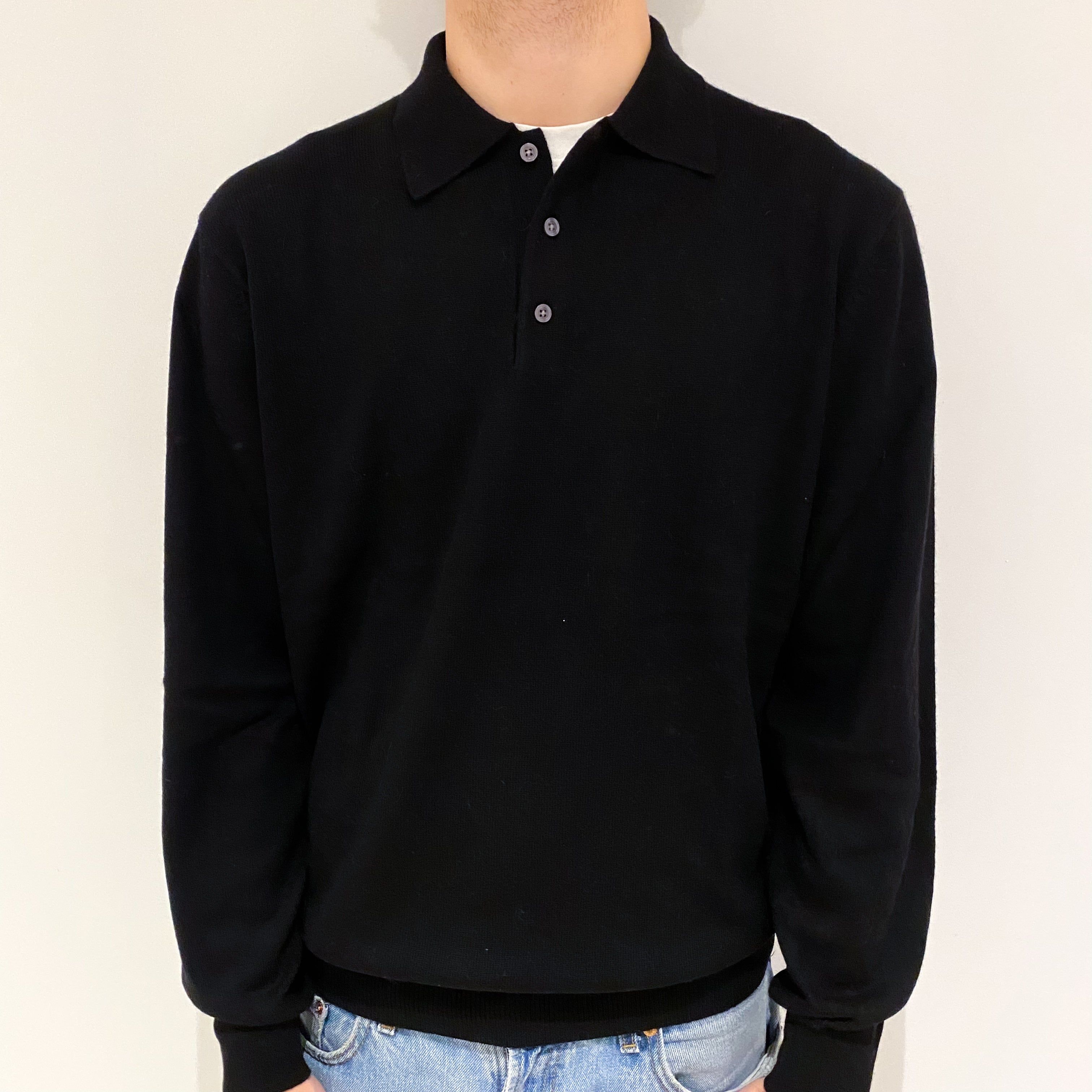 Men's Black Cashmere Collar 1/4 Button Neck Jumper Large