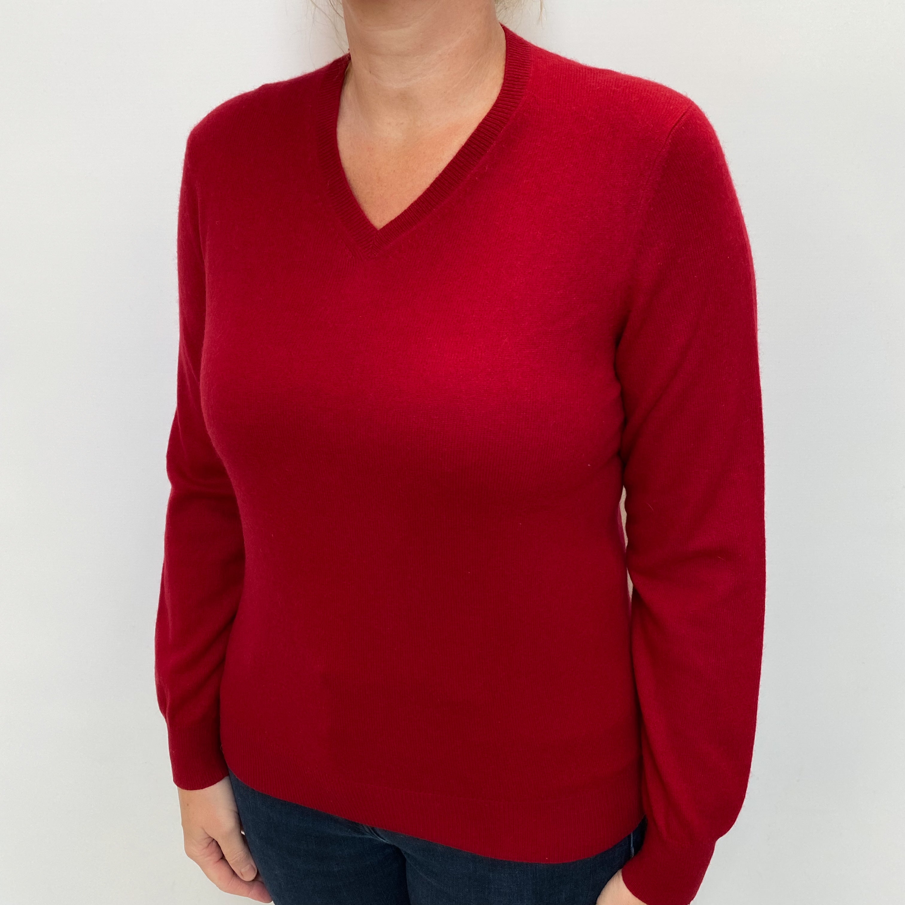 Crimson Red Cashmere V Neck Jumper Large