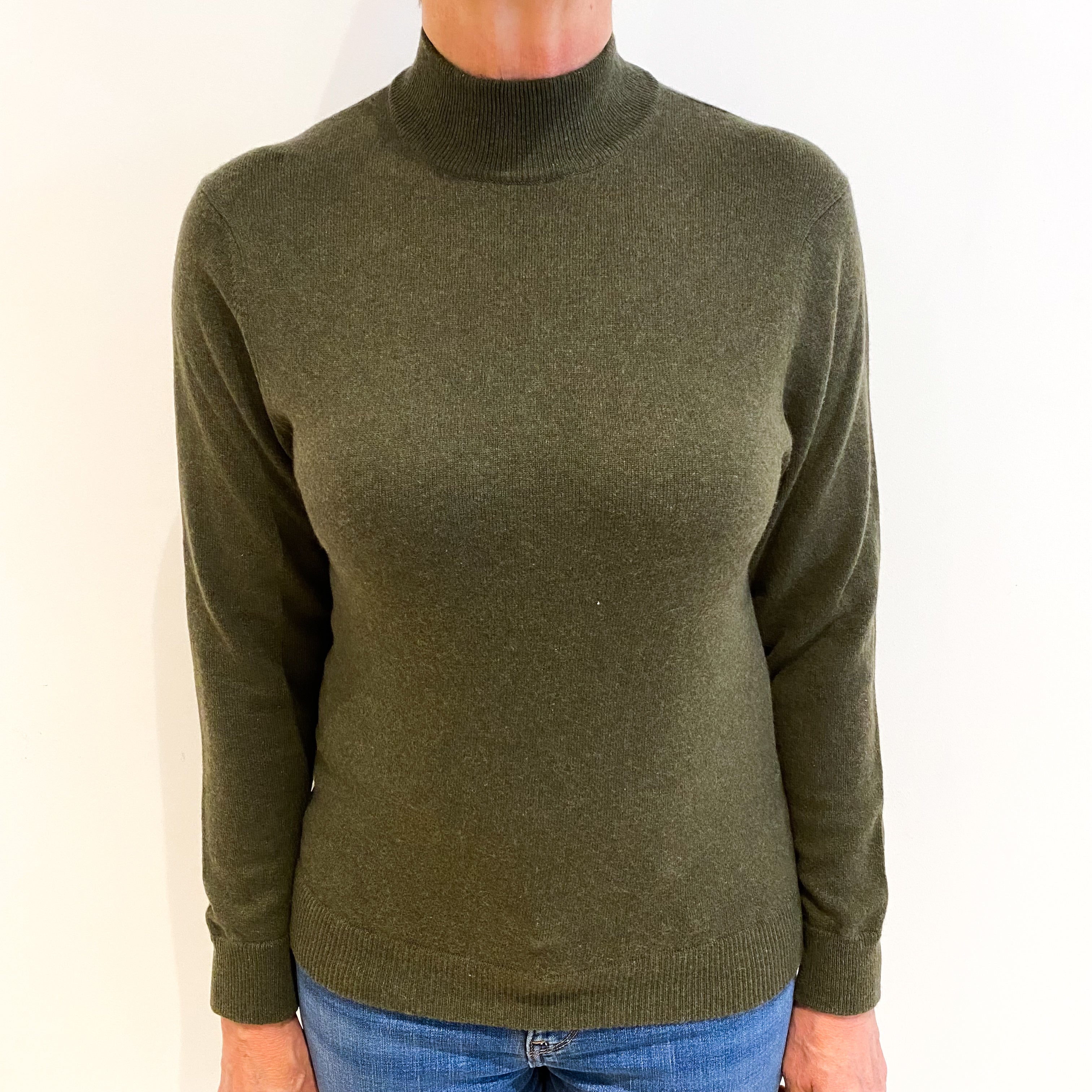 Deep Olive Green Cashmere Turtle Neck Jumper Medium