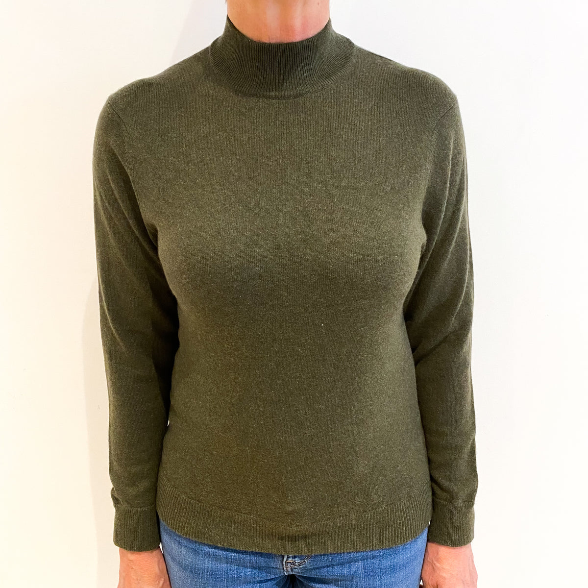 Deep Olive Green Cashmere Turtle Neck Jumper Medium