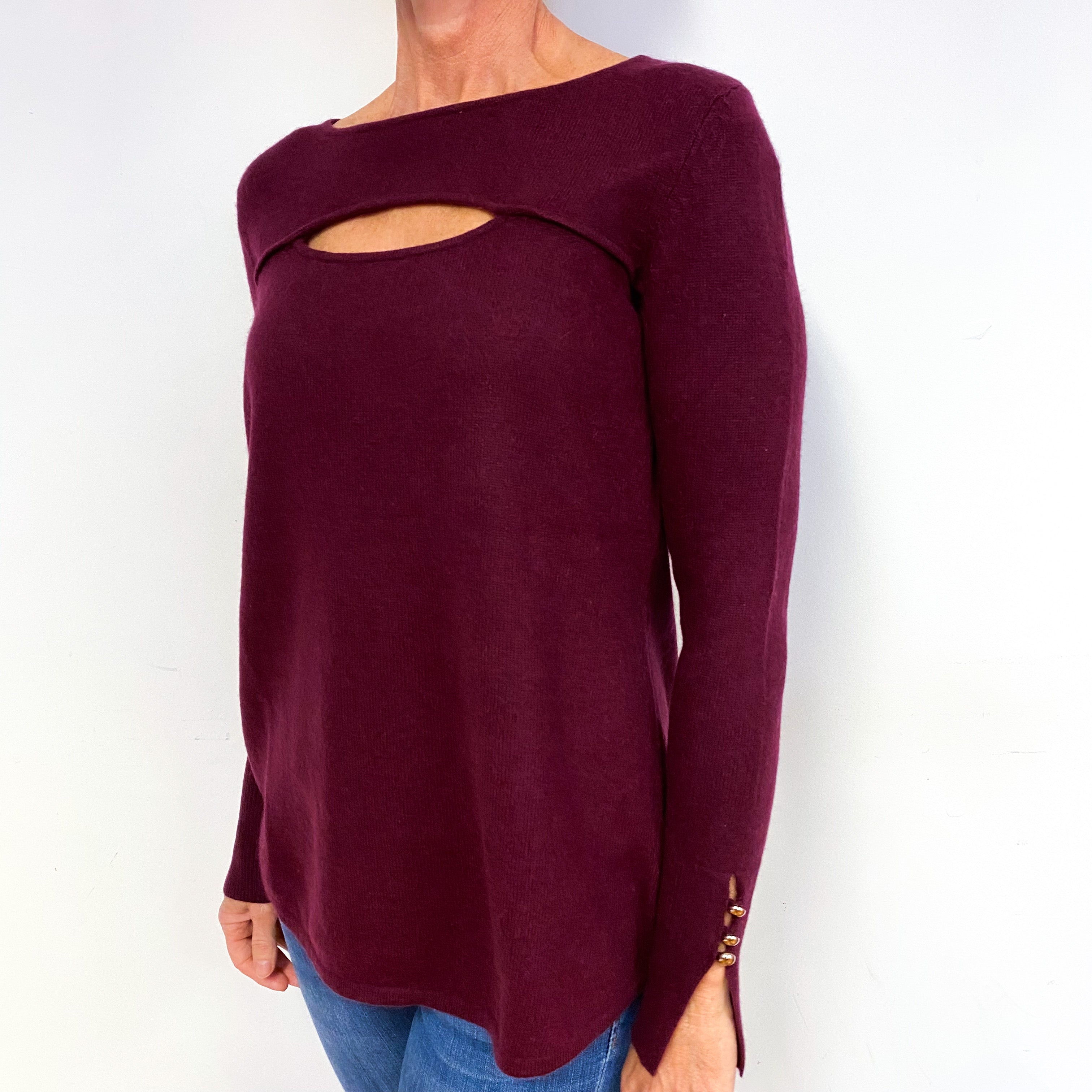 Wine Red Cut Out Cashmere Crew Neck Jumper Medium