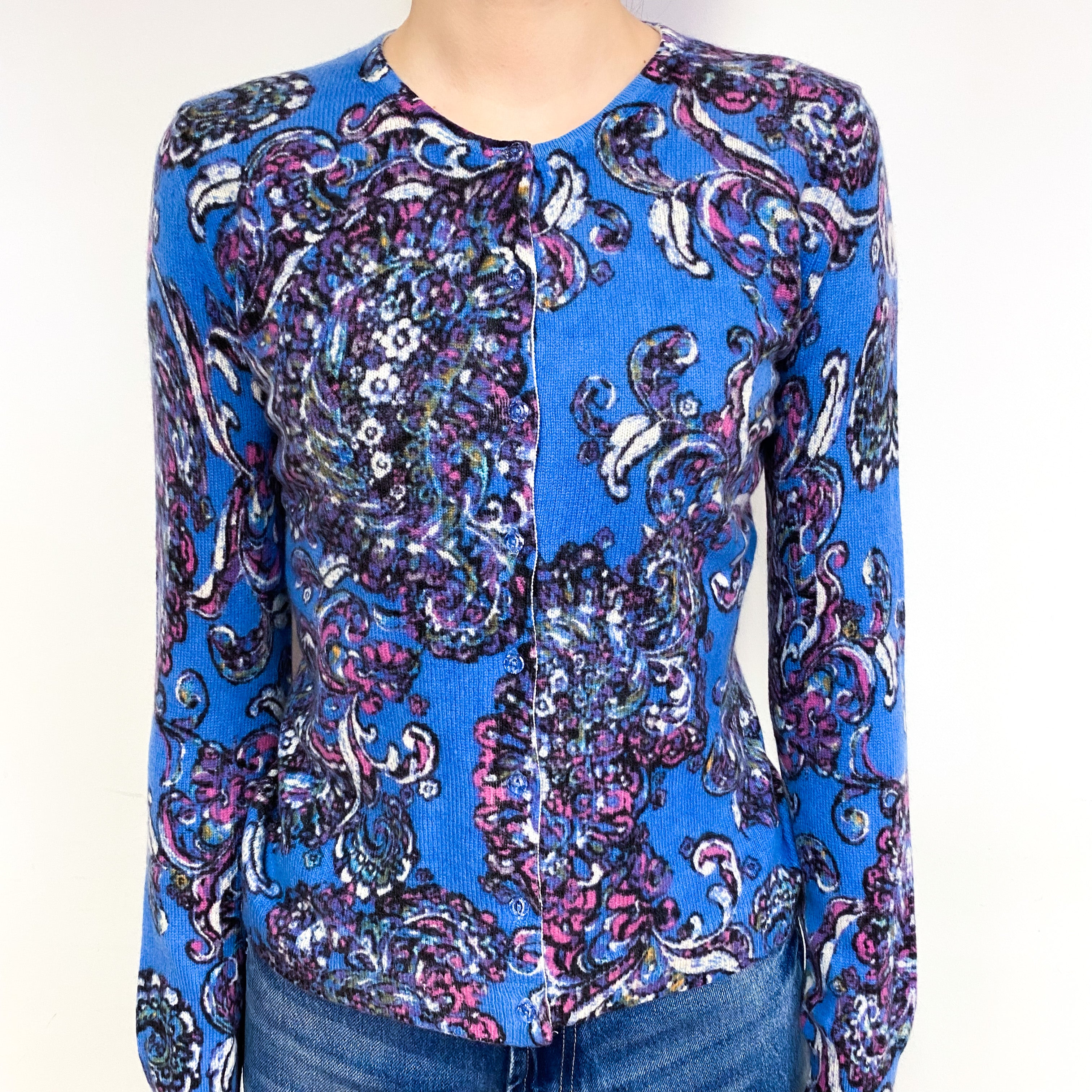 Blue and Pink Paisley Cashmere Crew Neck Cardigan Extra Small