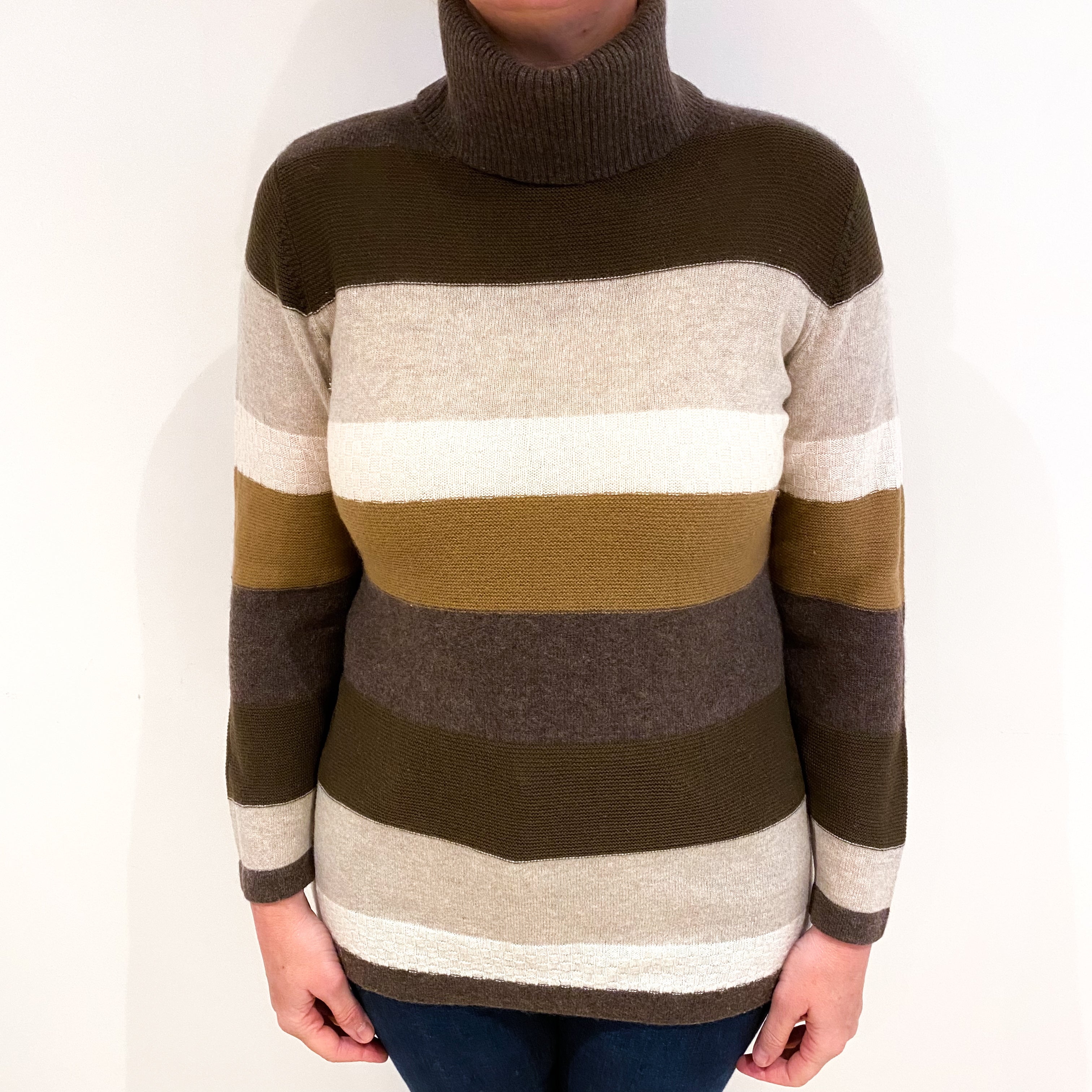 Brown Stripe Cashmere Polo Neck Jumper Large
