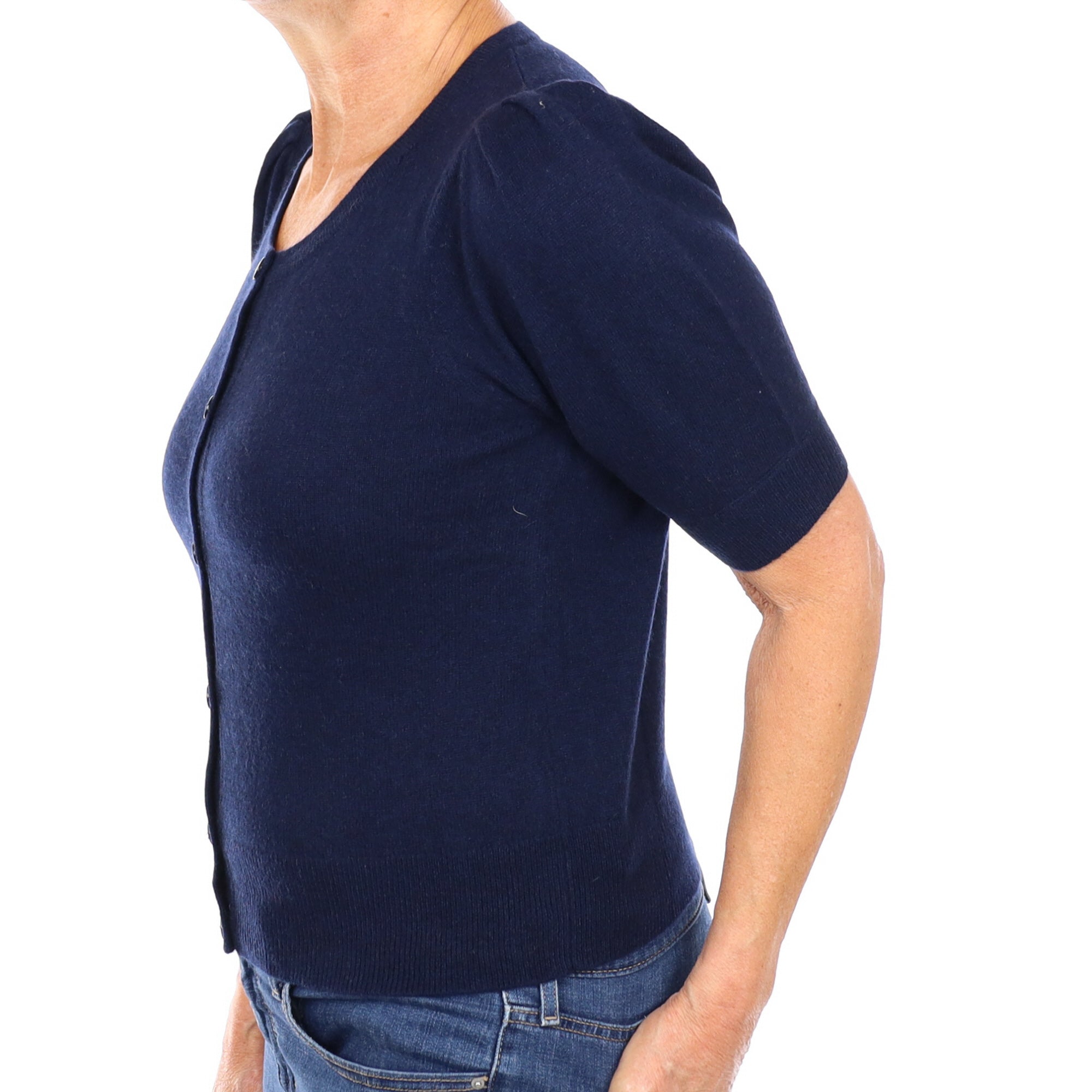 Navy Blue Cashmere Short Puff Sleeve Cardigan Medium