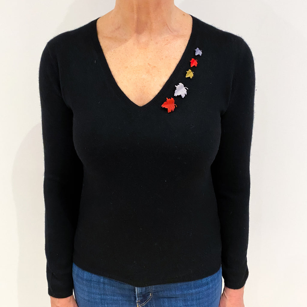 Black Leaf Embellished Cashmere V Neck Jumper Medium