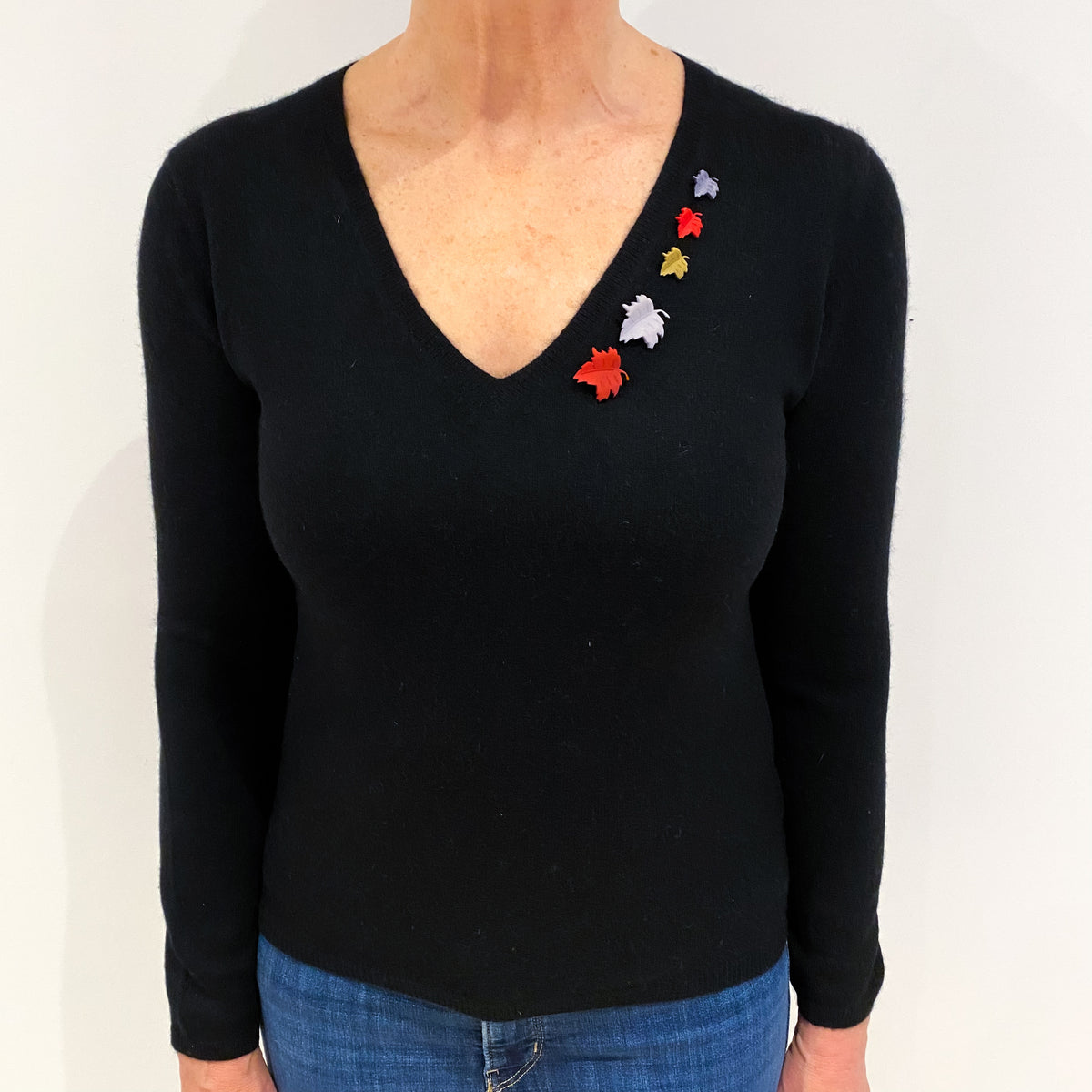 Black Leaf Embellished Cashmere V Neck Jumper Medium