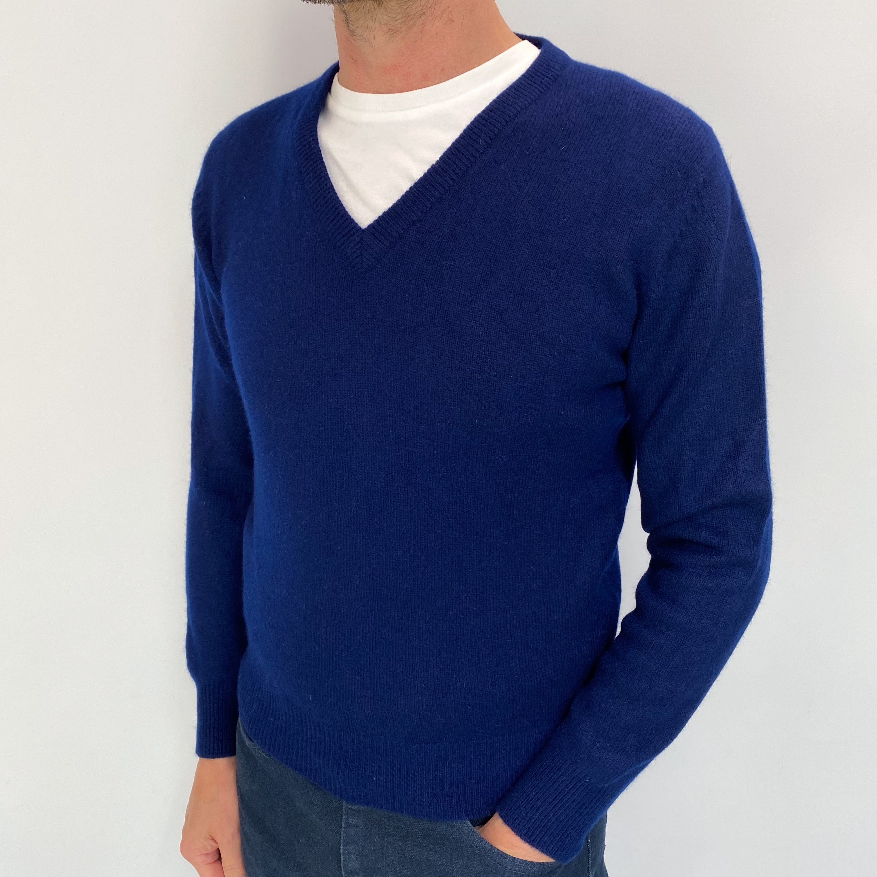 Men's Navy Blue Cashmere V Neck Jumper Extra Small