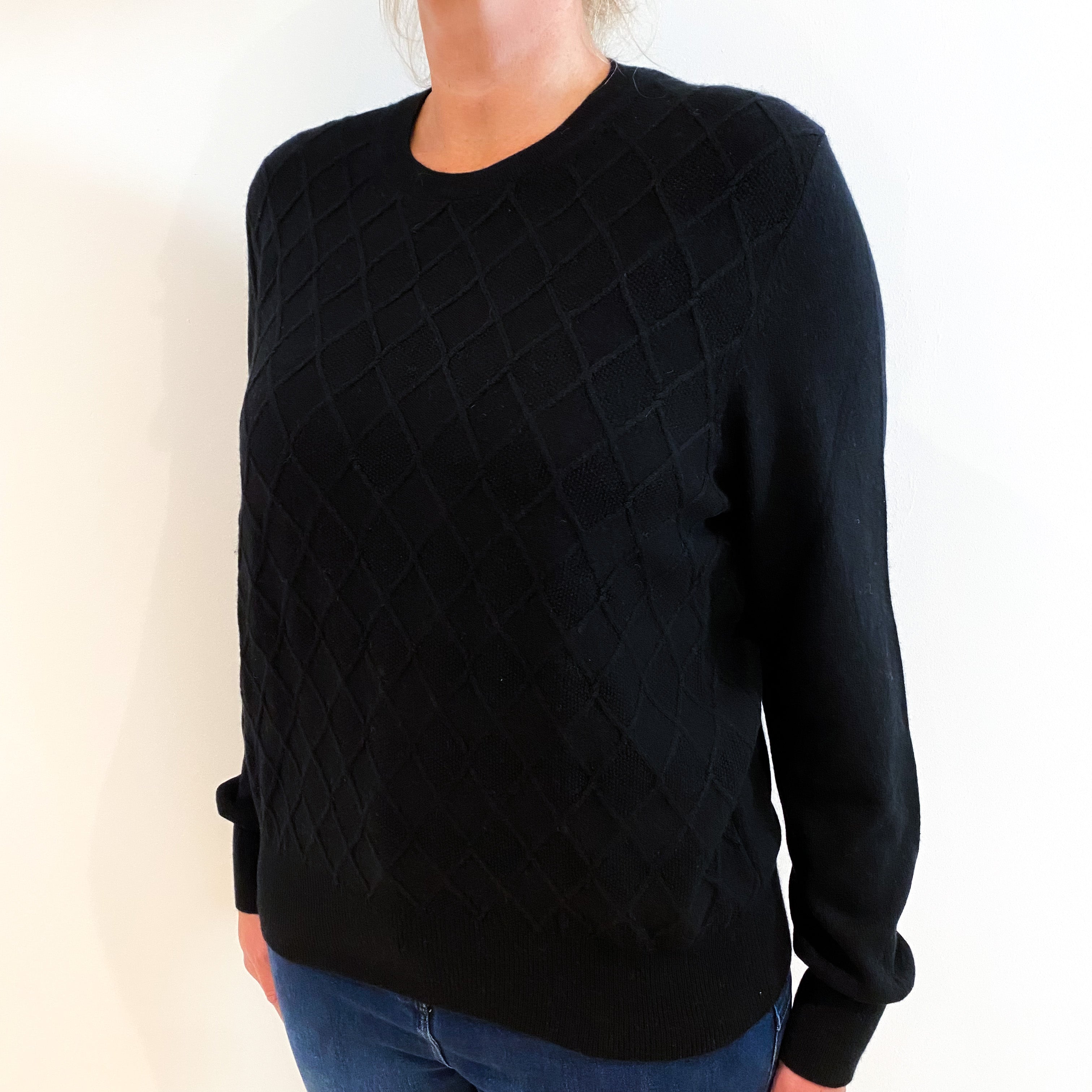 Black Diamond Knit Front Cashmere Crew Neck Jumper Large