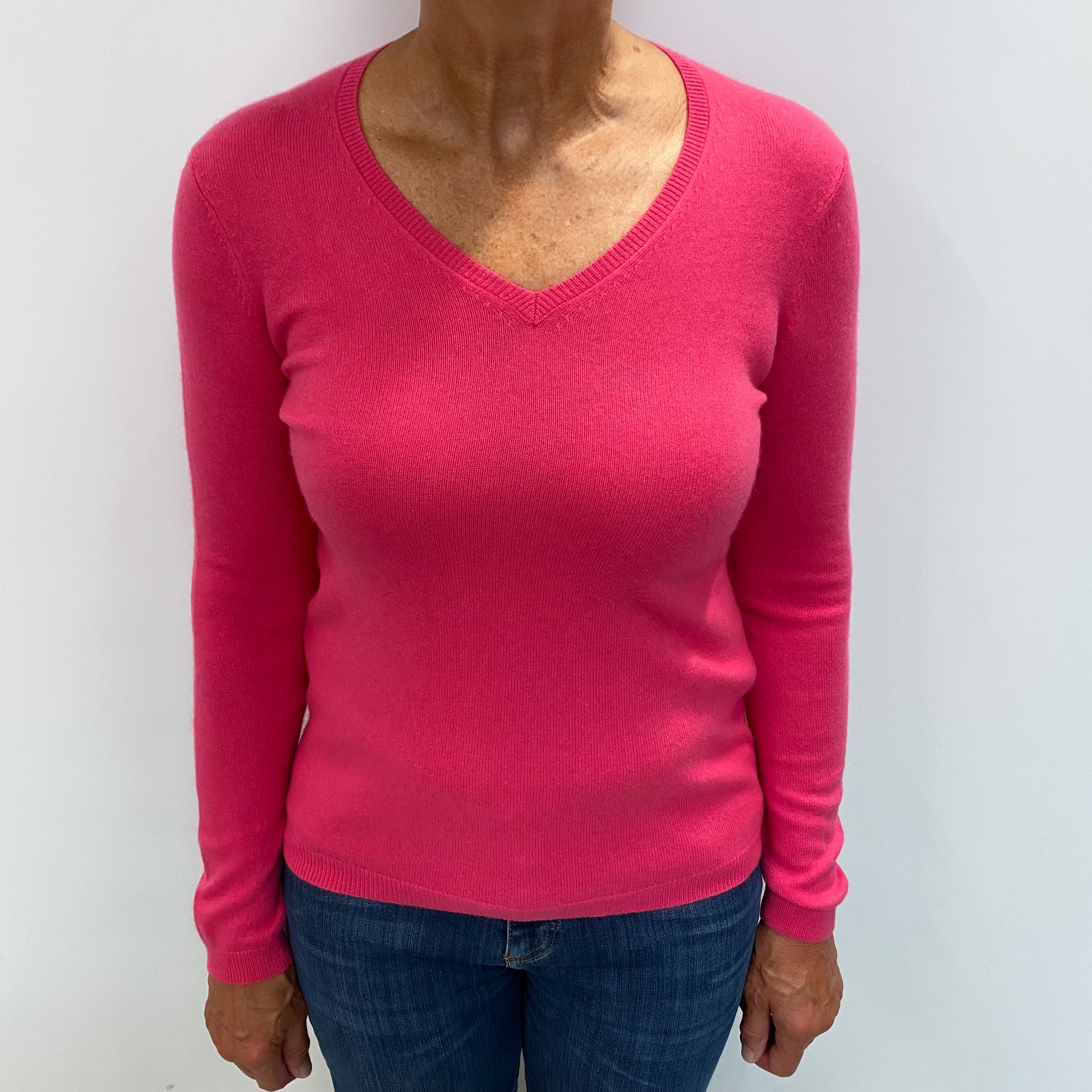 Hot Pink Cashmere V Neck Jumper Medium