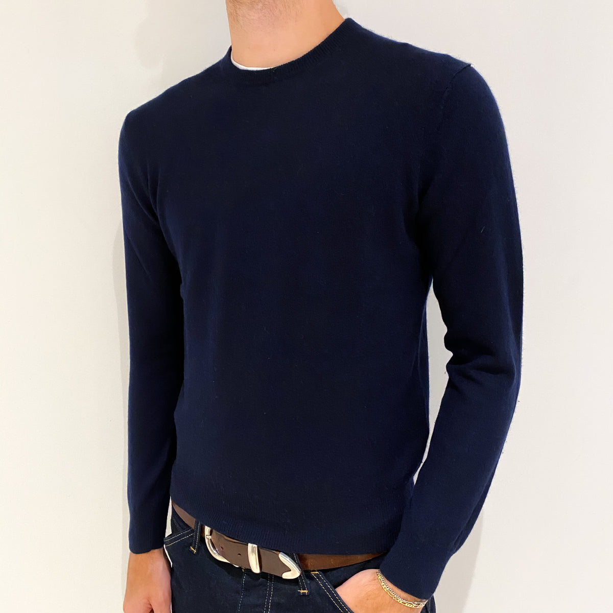 Men's Navy Blue Cashmere Crew Neck Jumper Medium