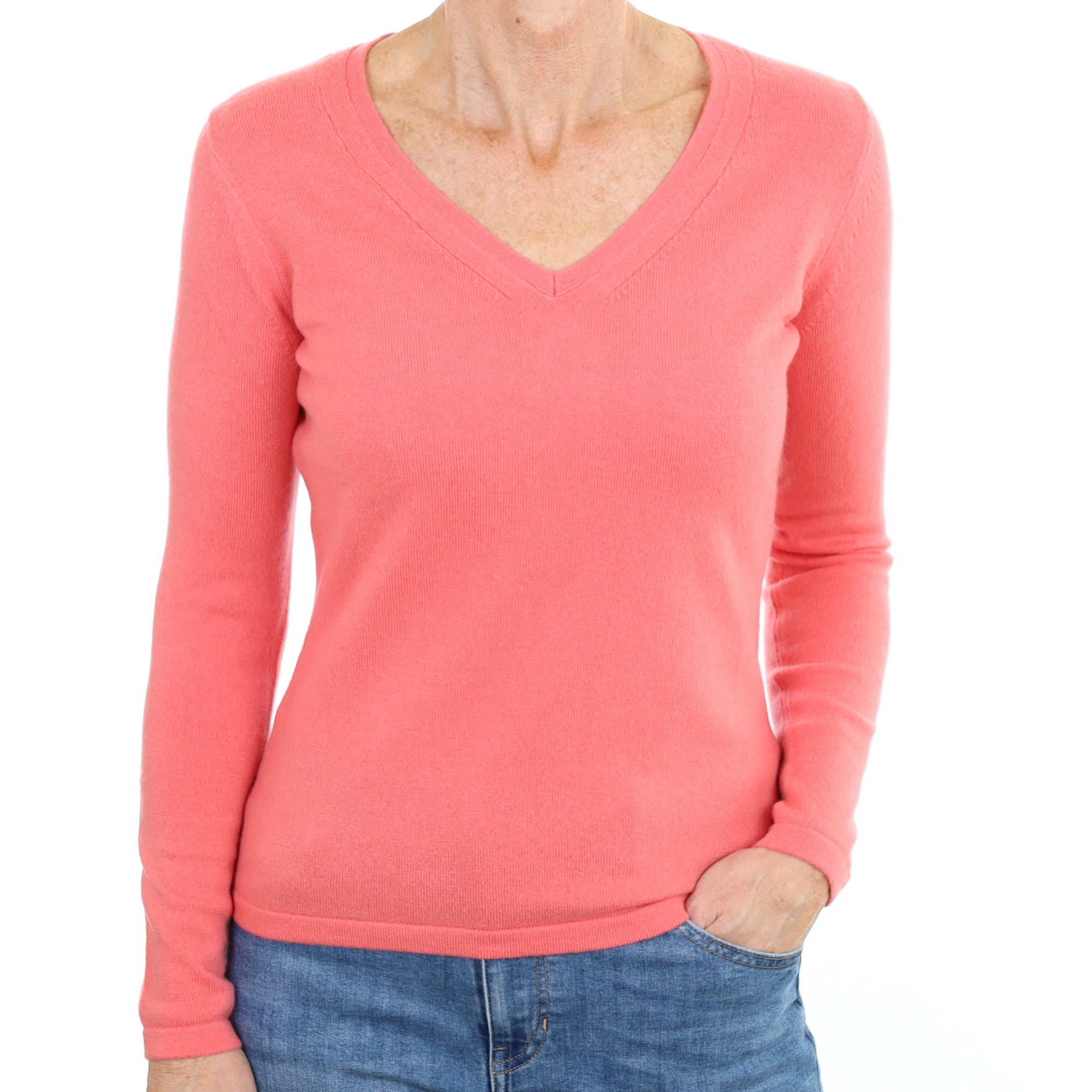 New Coral Pink  Cashmere V Neck Small