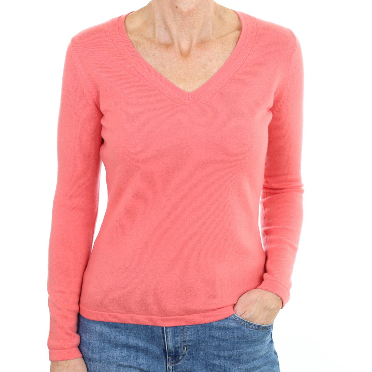 New Coral Pink  Cashmere V Neck Small