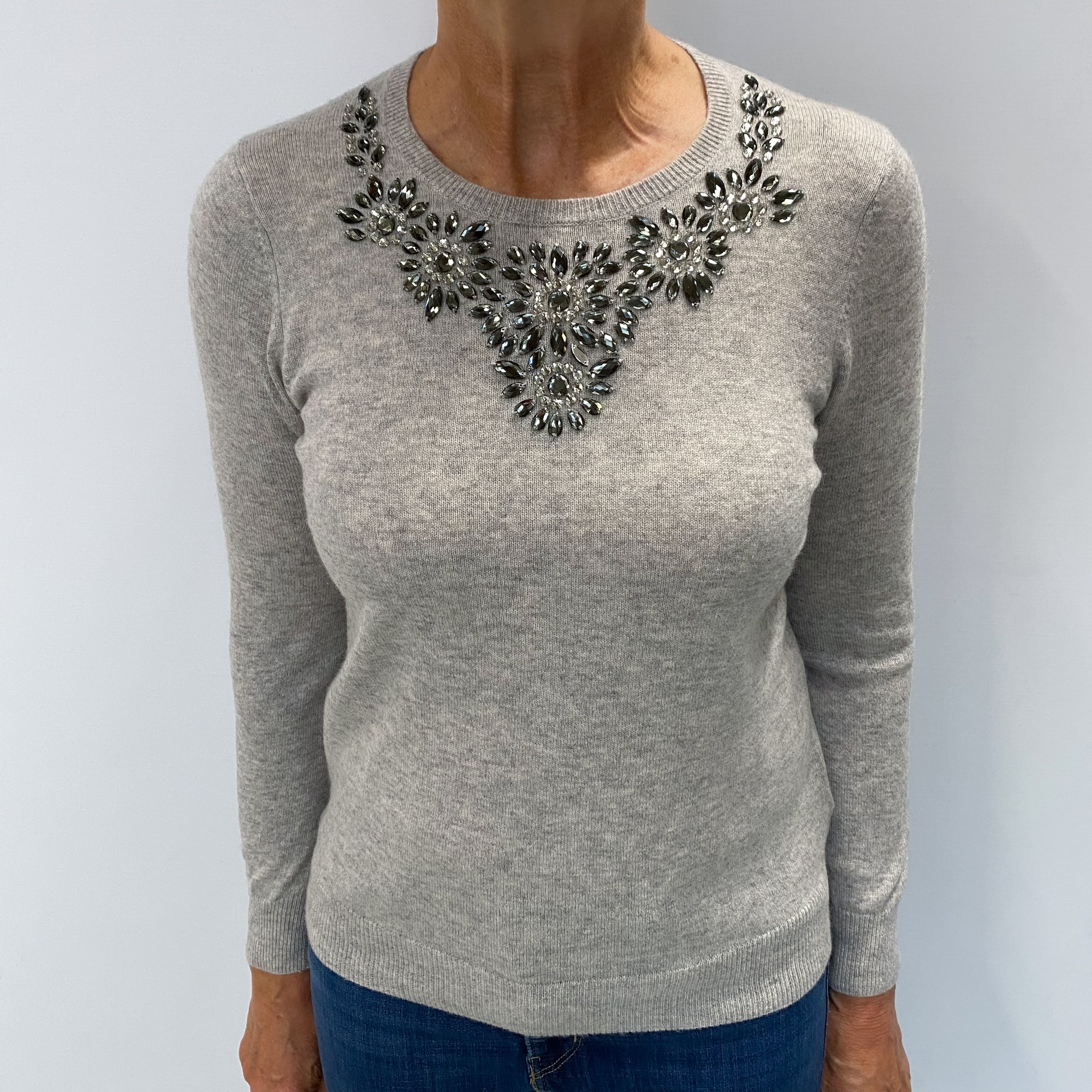 Smoke Grey Jewelled Cashmere Crew Neck Jumper Medium