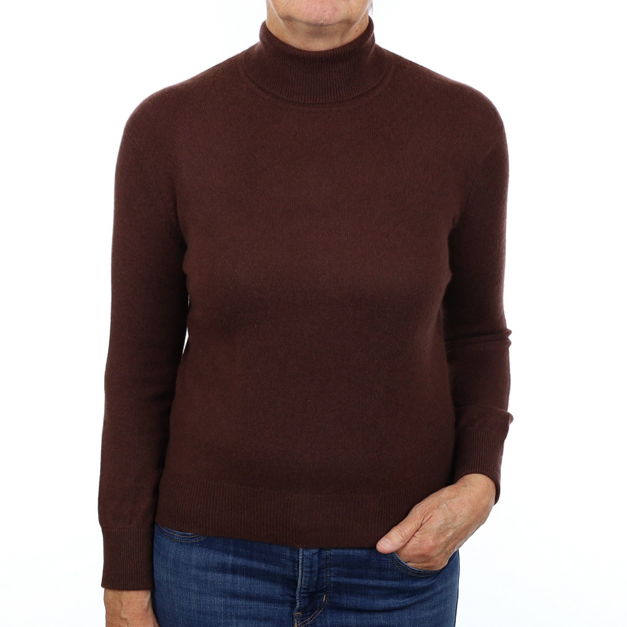 Dark Chocolate Brown Cashmere Polo Neck Jumper Medium