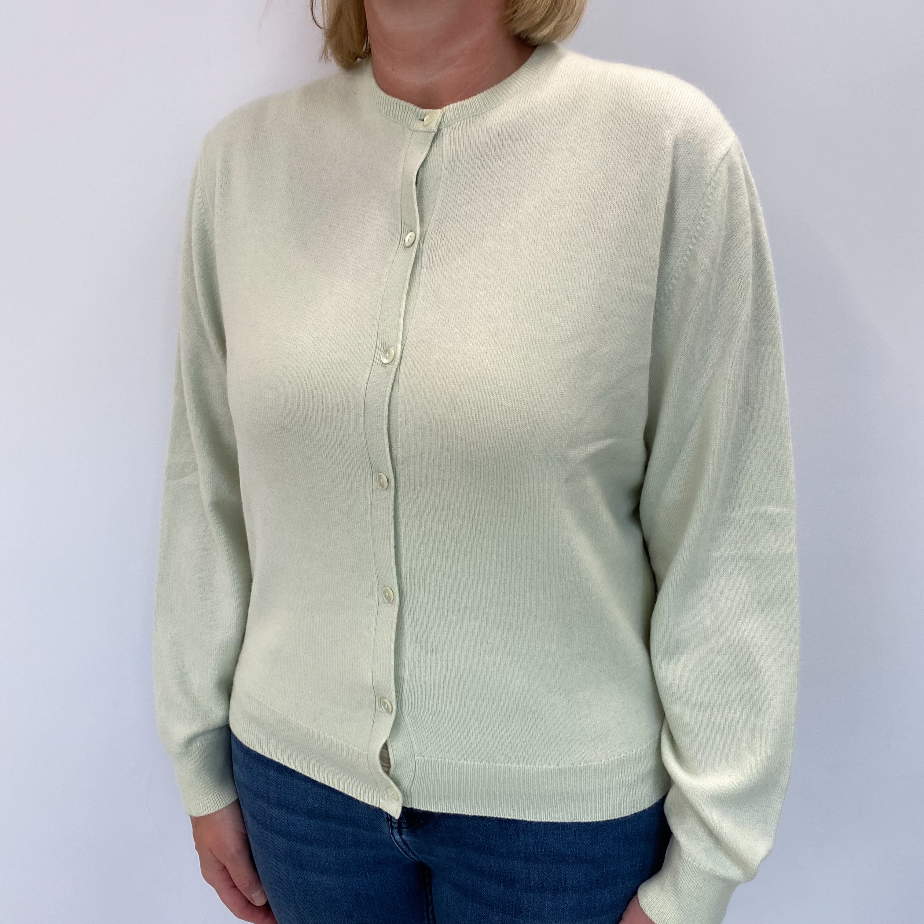 Chicory Green Cashmere Crew Neck Cardigan Large