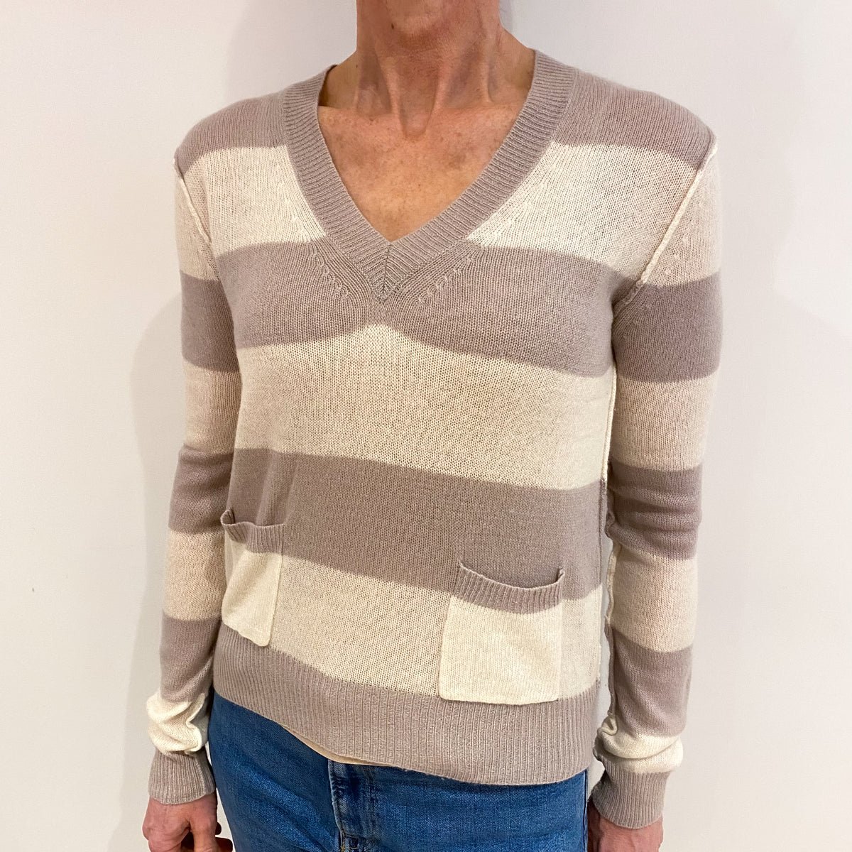 Taupe And Winter White Striped Cashmere V Neck Jumper Small