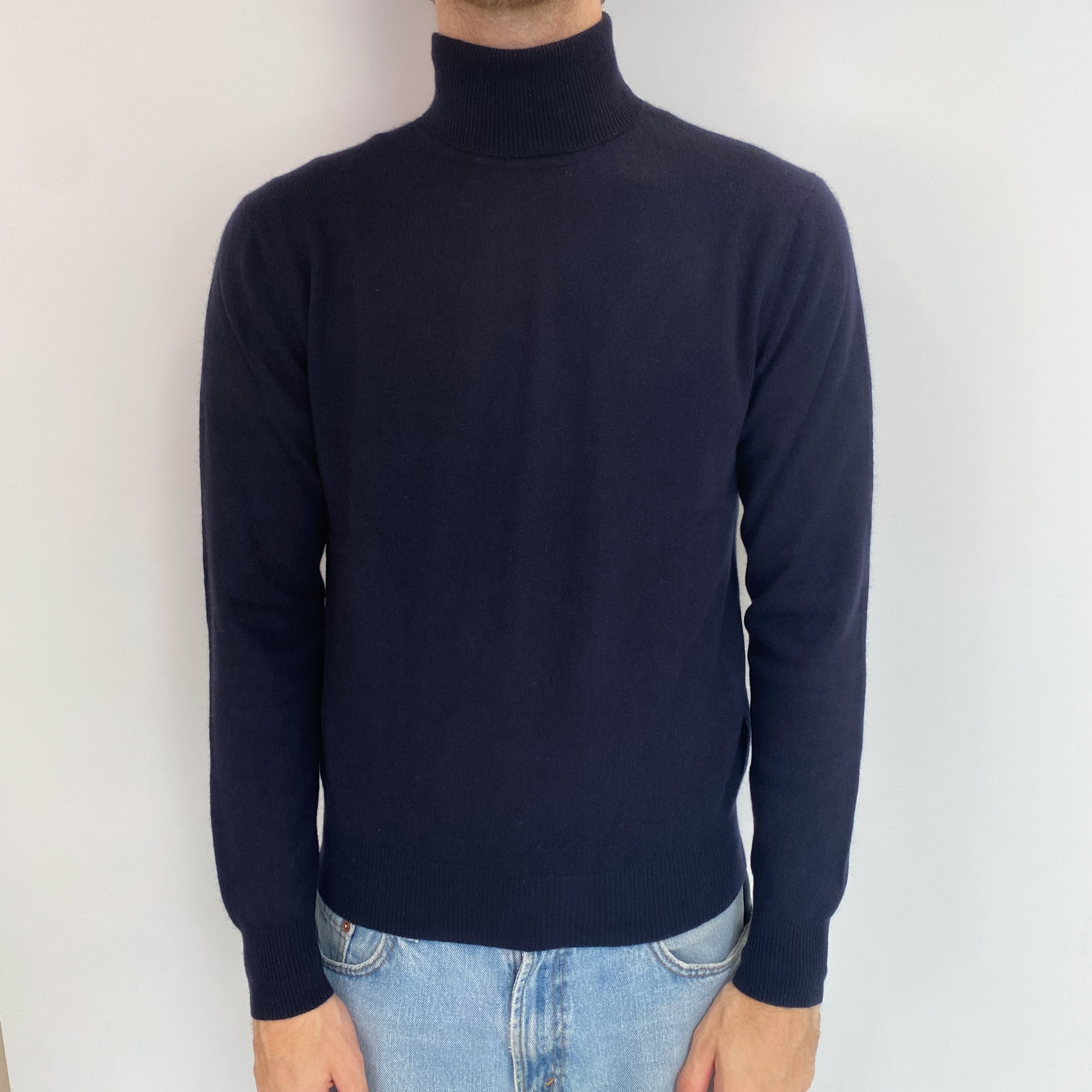 Men's Navy Cashmere Polo Neck Jumper Medium