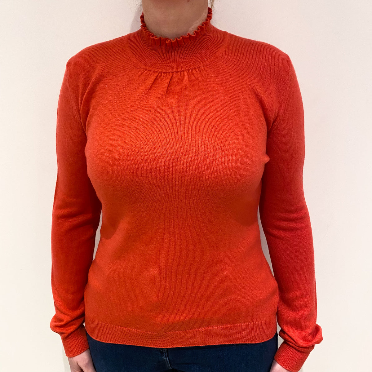 Watermelon Pink Cashmere Ruffle Turtle Neck Jumper Large