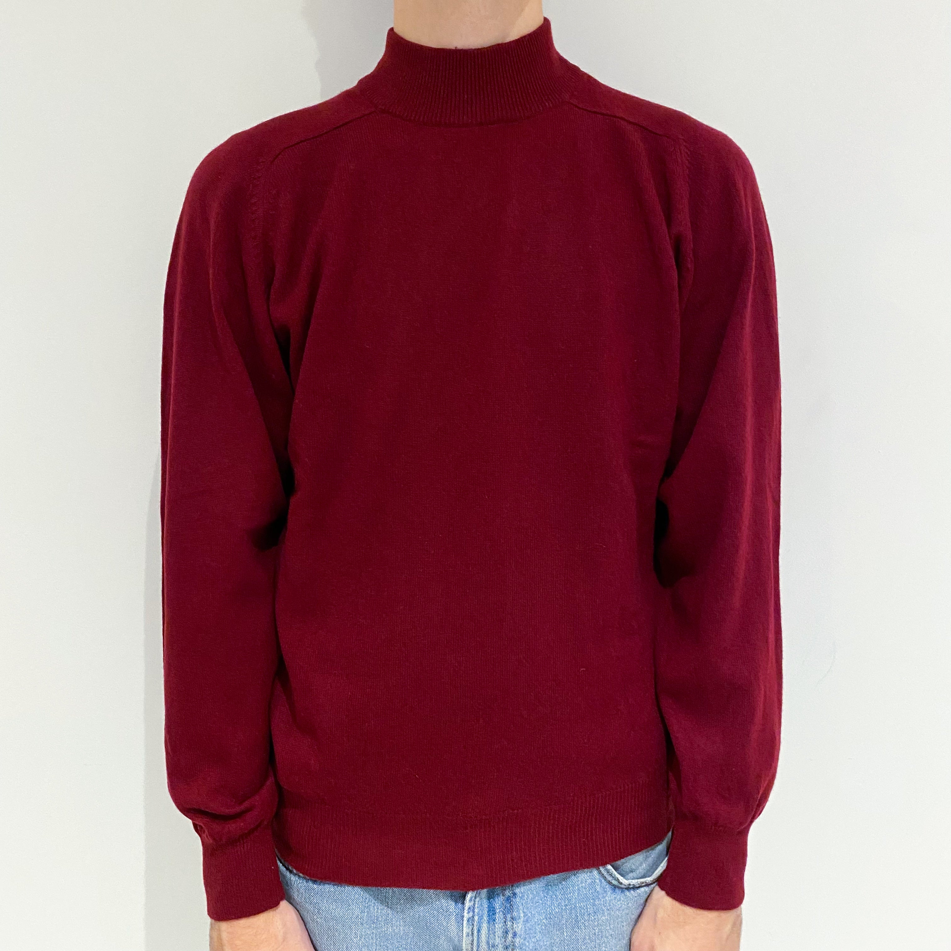 Men's Burgundy Red Cashmere Turtle Neck Jumper Large