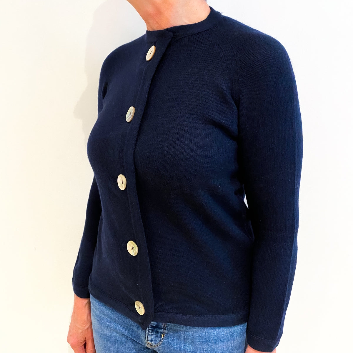Navy Blue Cashmere Crew Neck Jacket Style Cardigan Medium