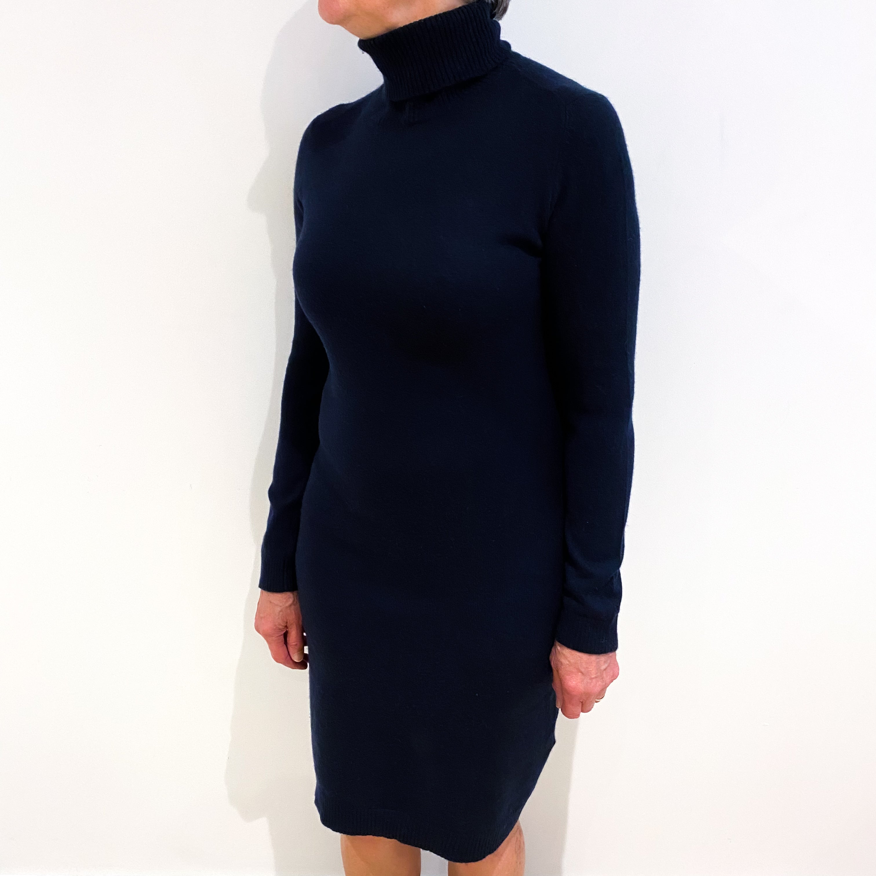 Navy Blue Cashmere Polo Neck Dress Medium