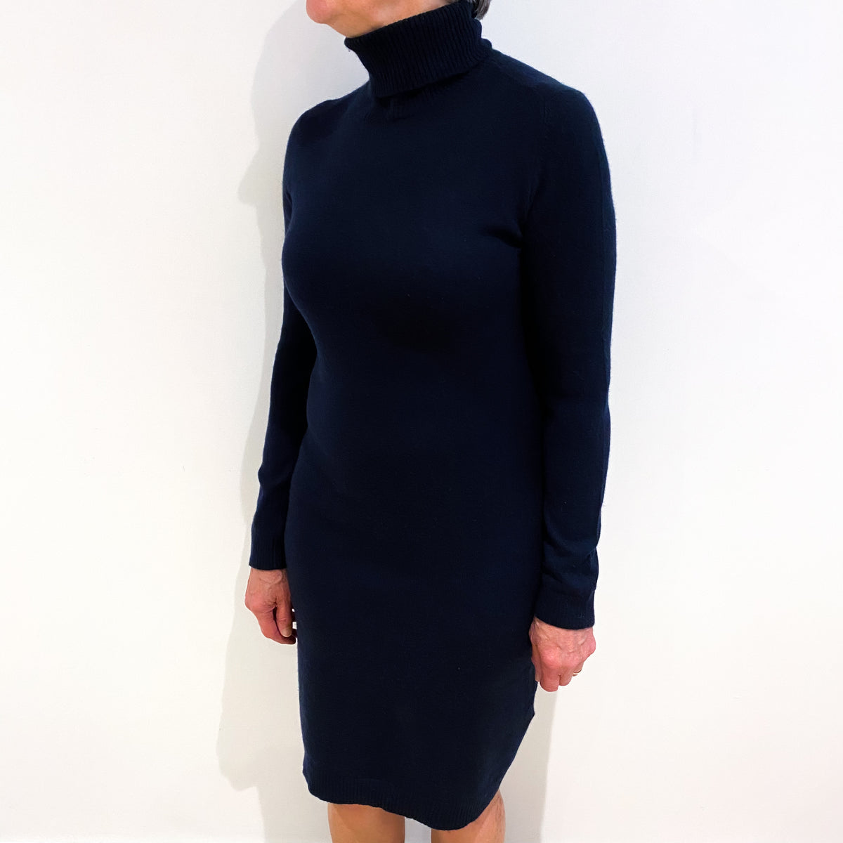 Navy Blue Cashmere Polo Neck Dress Medium